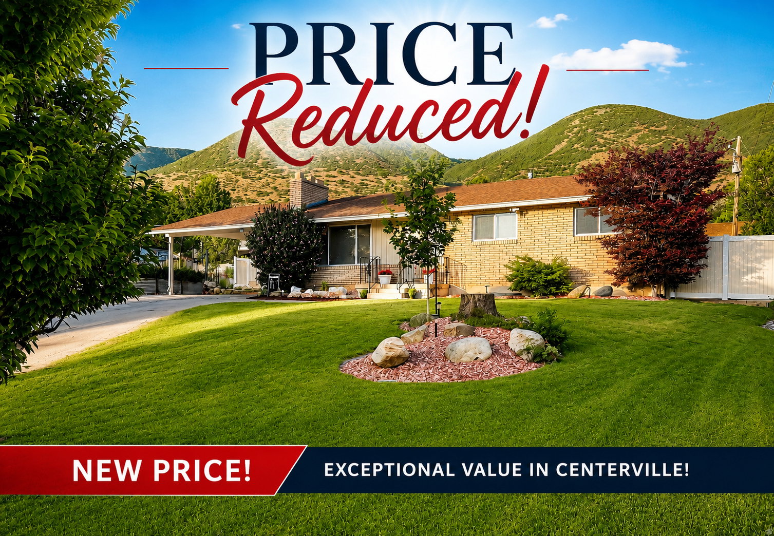 Property Listing Advertisement. Announcing a price adjustment for the property in Centerville