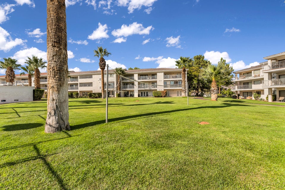 Expansive green lawn with mature palm trees and multi-story buildings featuring balconies
