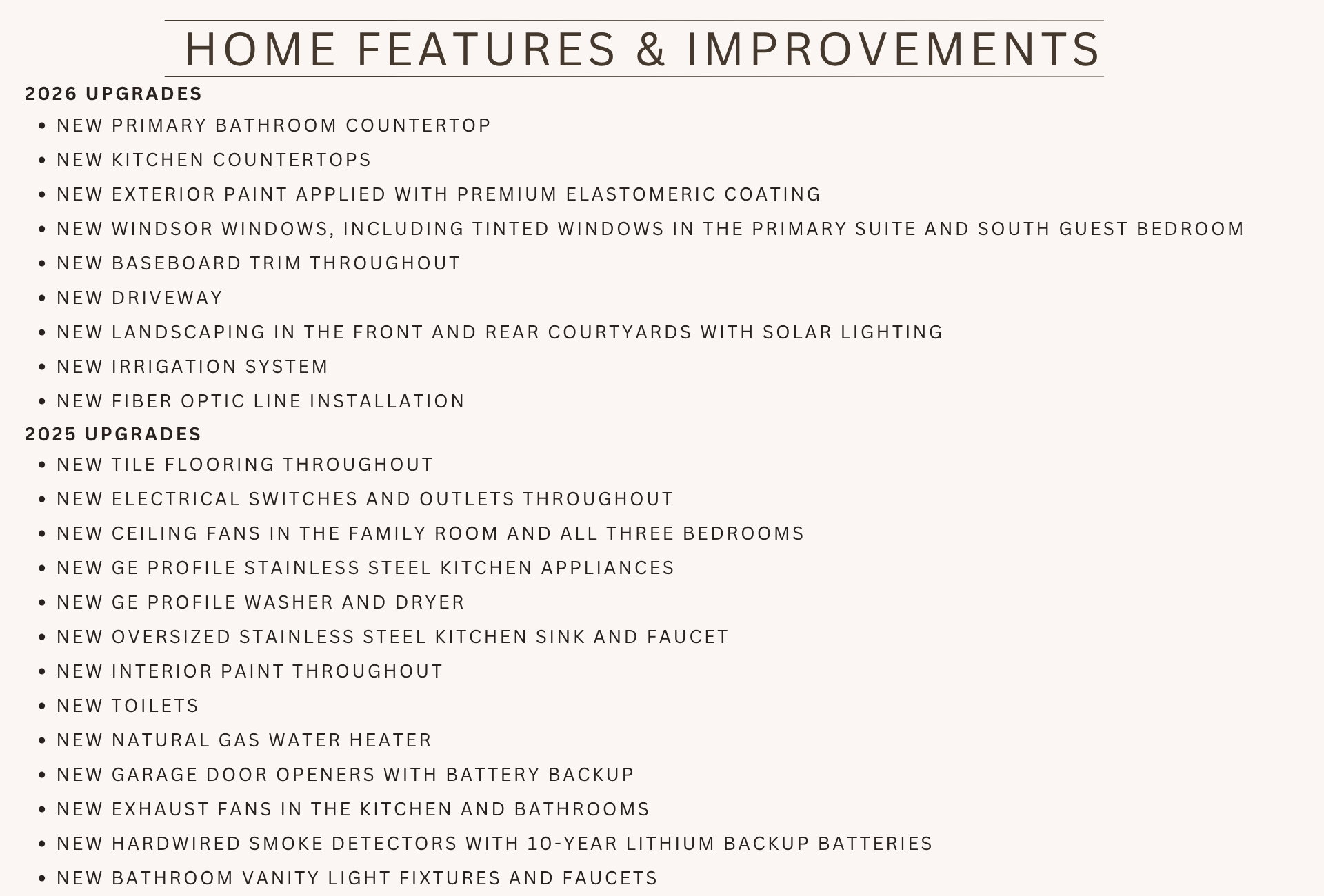 Home Features & Improvements. Listing property upgrades completed in 2025 and 2026