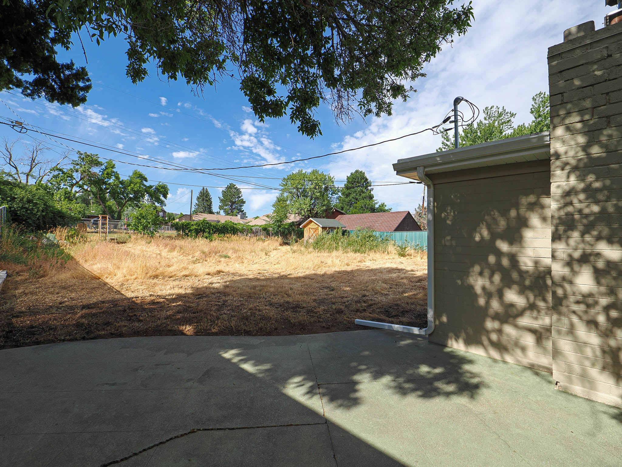 Expansive outdoor space featuring a concrete patio, a large grass area, and mature perimeter trees