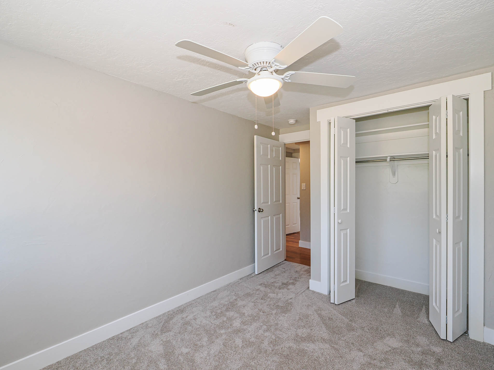 Neutral-toned room featuring light gray walls, plush carpet flooring, a ceiling fan with integrated lighting, and a bi-fold closet with white trim