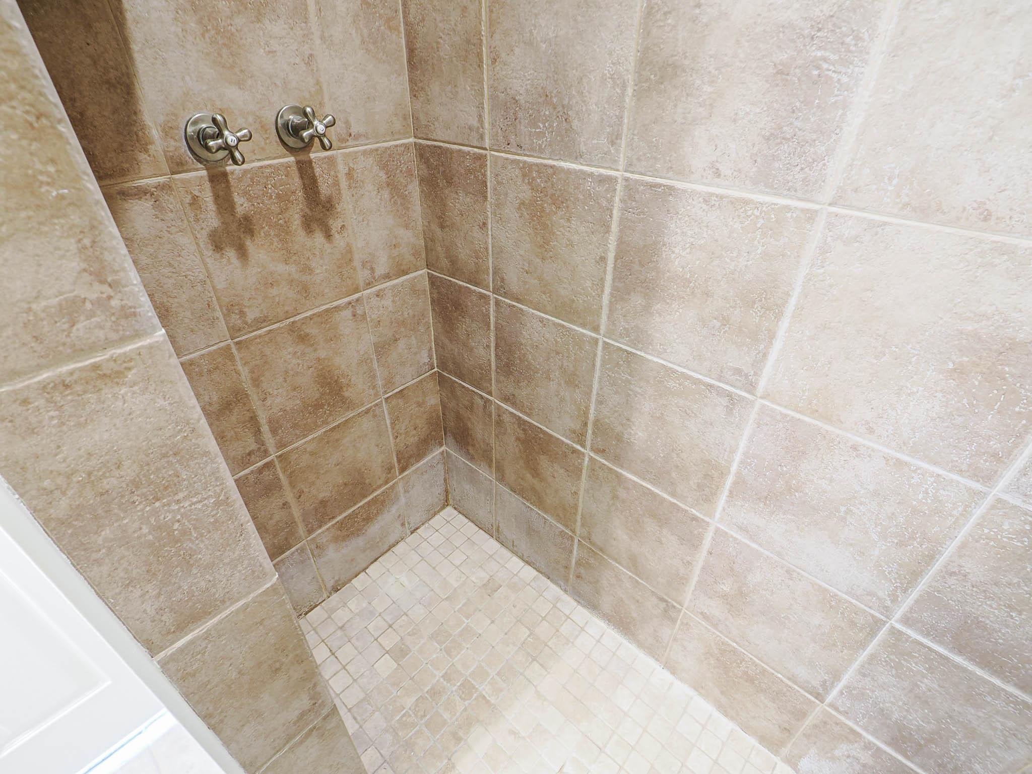 Shower enclosure featuring tan ceramic wall tiles and mosaic floor tiles