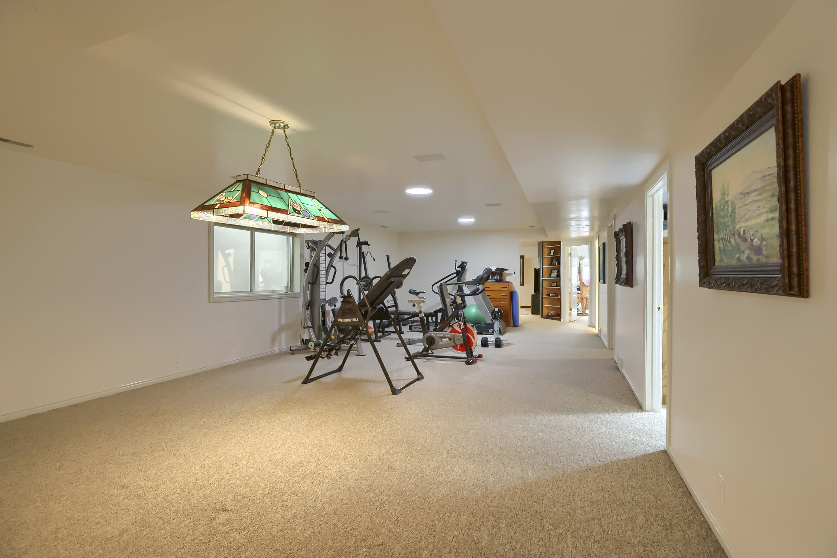 Spacious recreational room with neutral carpet flooring and white painted walls