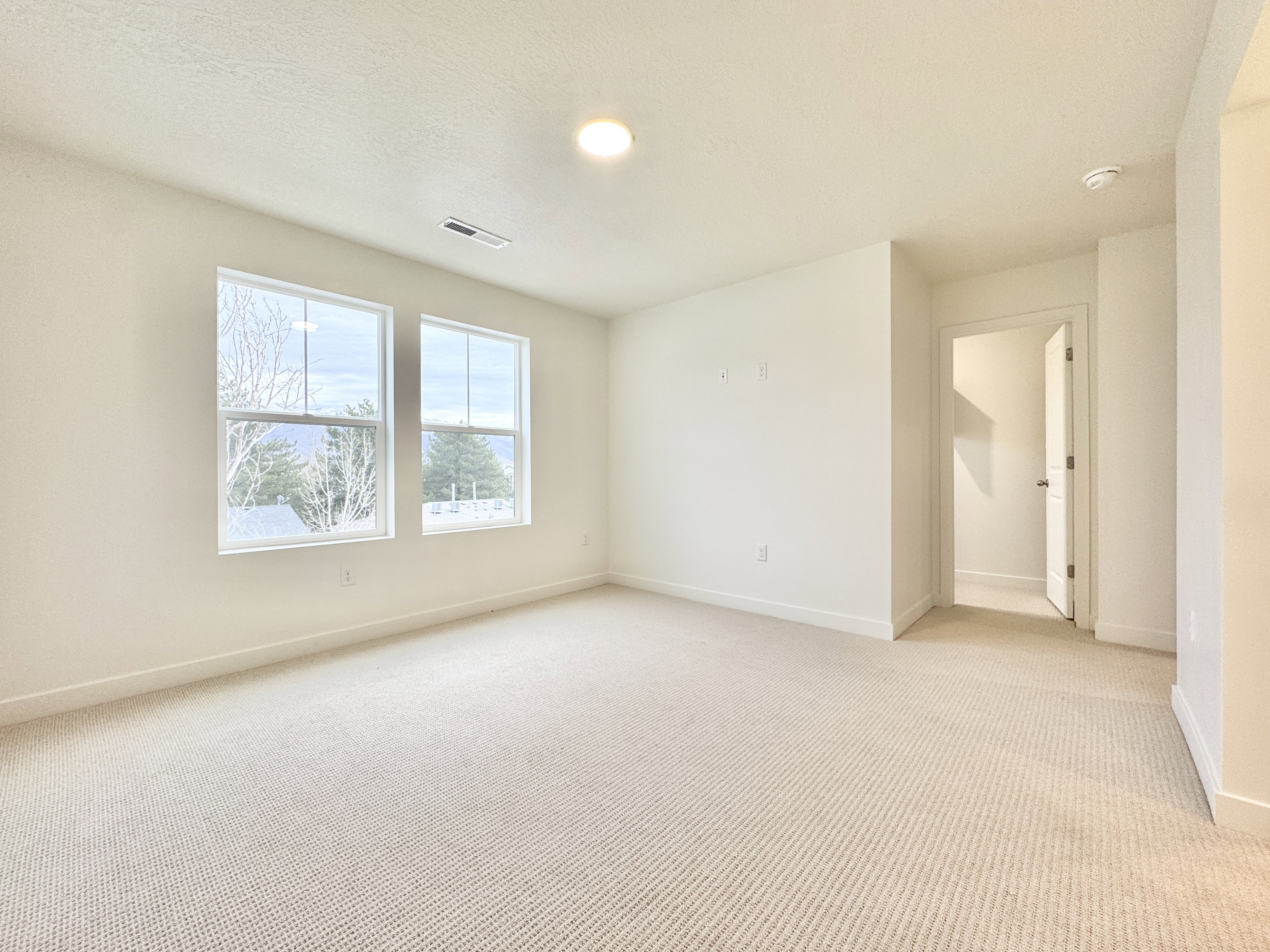 Bright room featuring two large double-hung windows, neutral-toned carpet, recessed lighting, and a white interior door