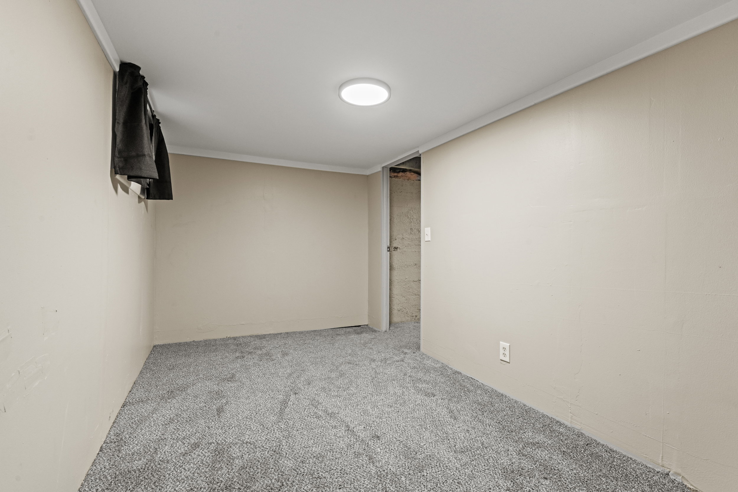 Neutral-toned interior room featuring light gray carpeting and white crown molding
