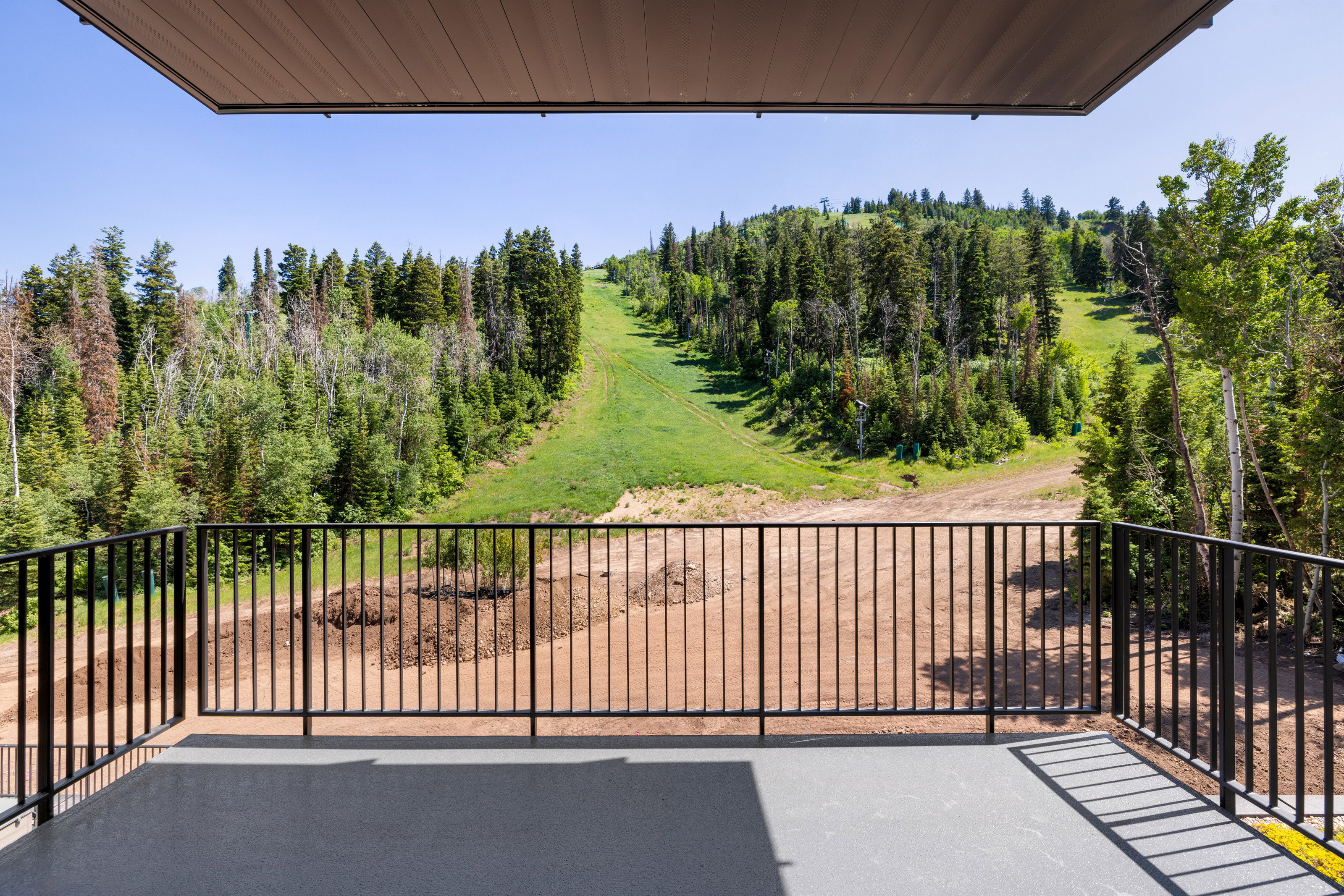 Balcony with dark metal railing and gray flooring