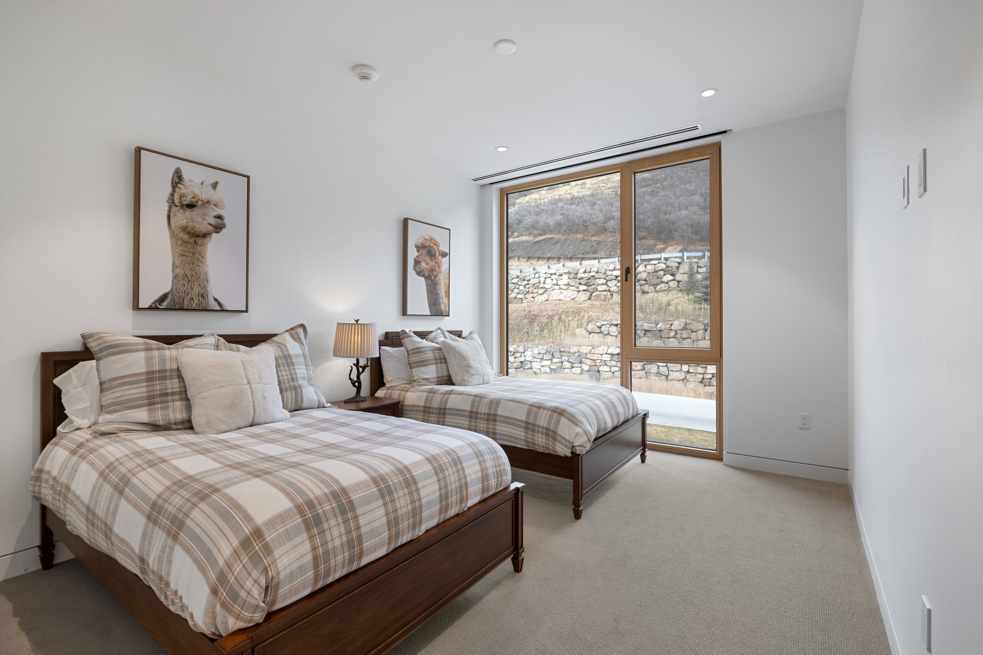 Room featuring two wood-frame beds, soft neutral carpeting, and white walls