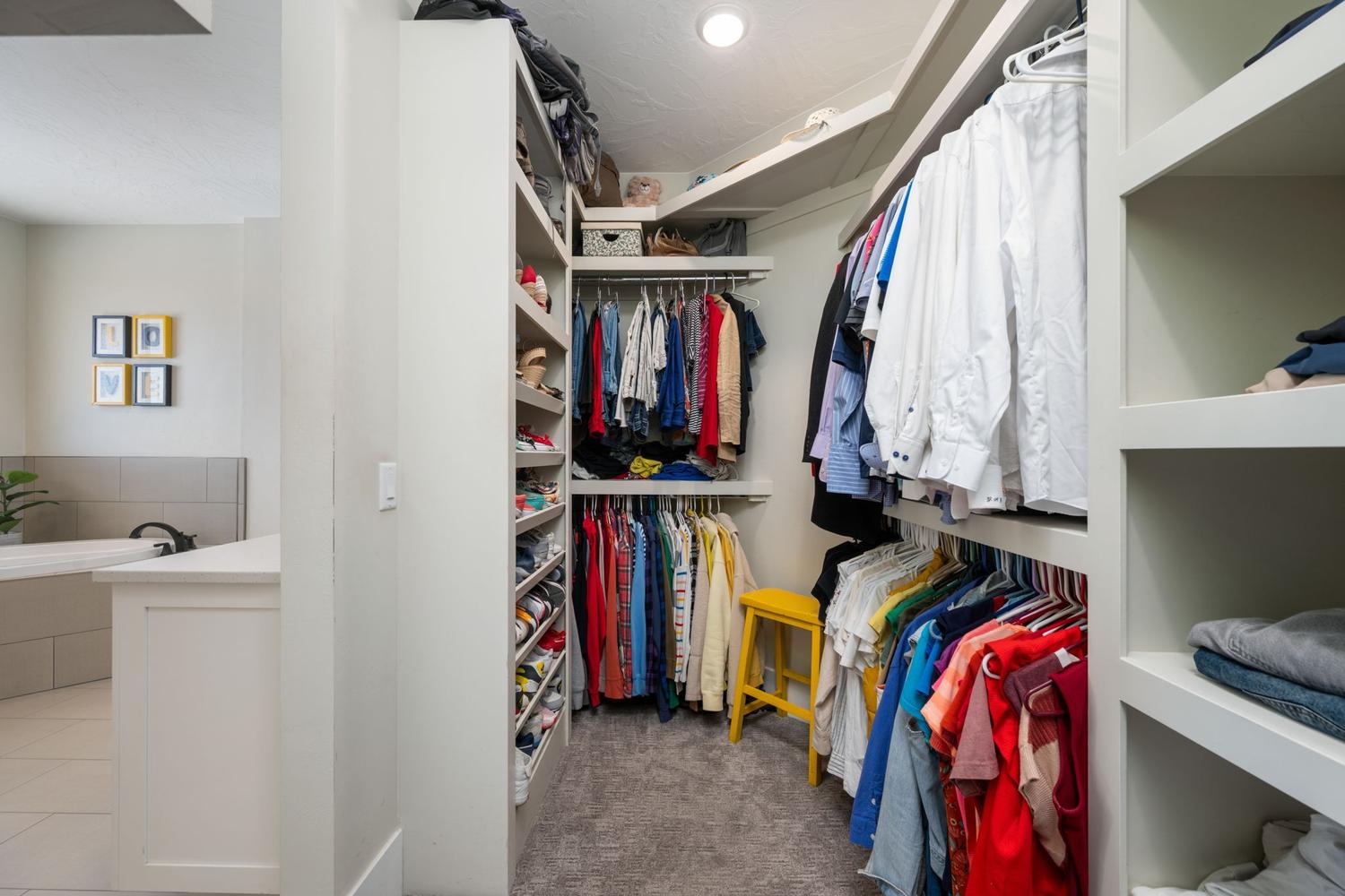 Expansive walk-in closet featuring extensive built-in shelving, multiple hanging rods, and plush carpet flooring