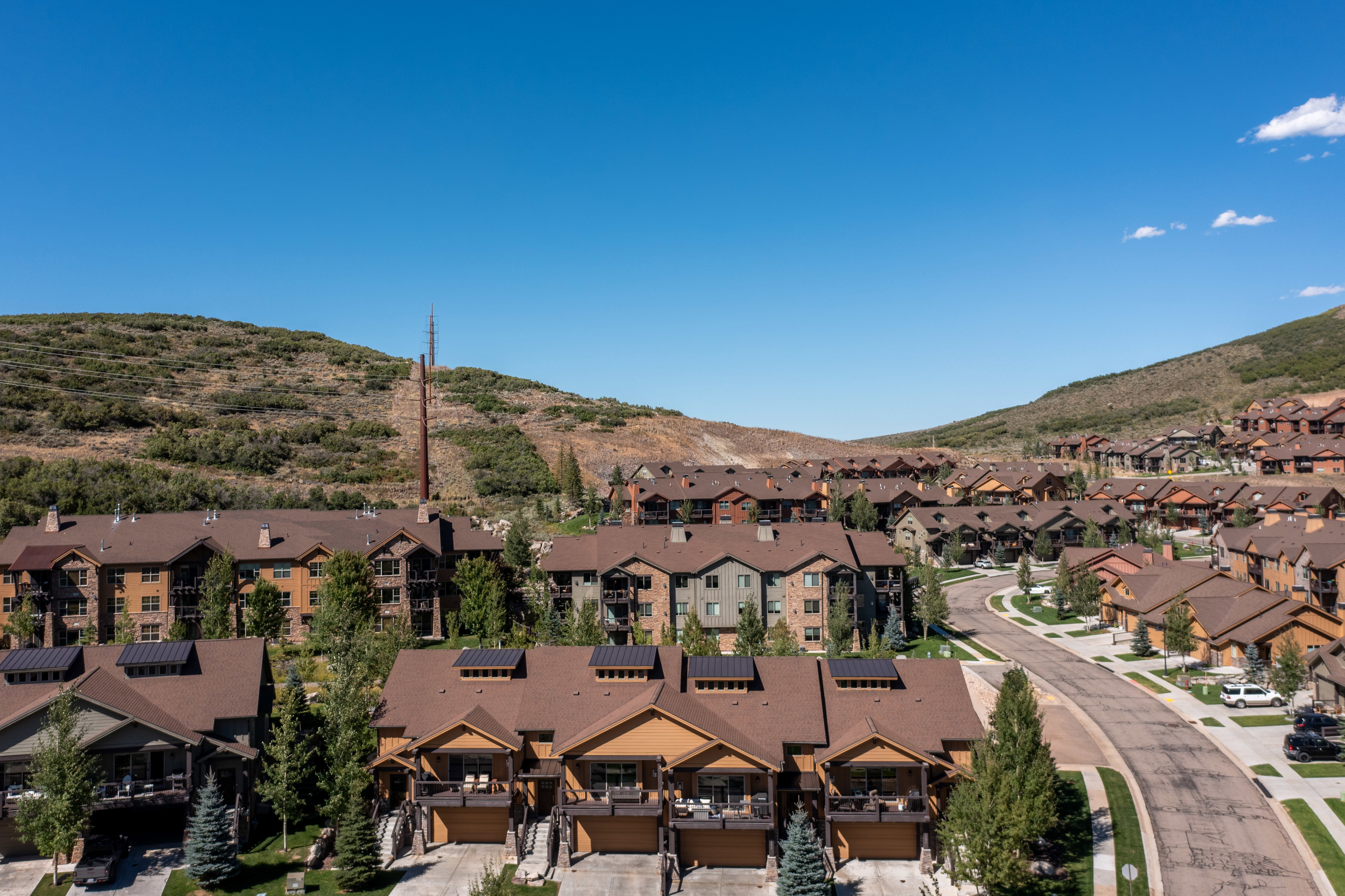 Hillside residential community featuring multiple architectural styles