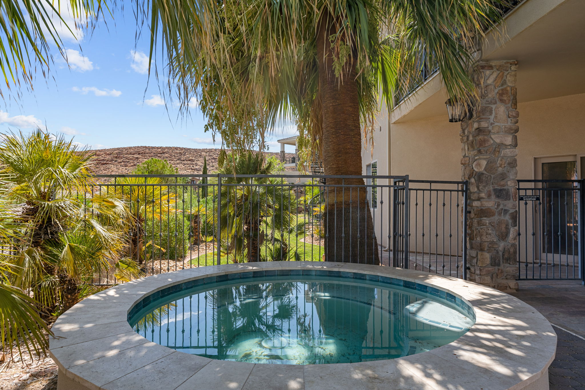 Circular spa with stone coping, surrounded by mature palm trees