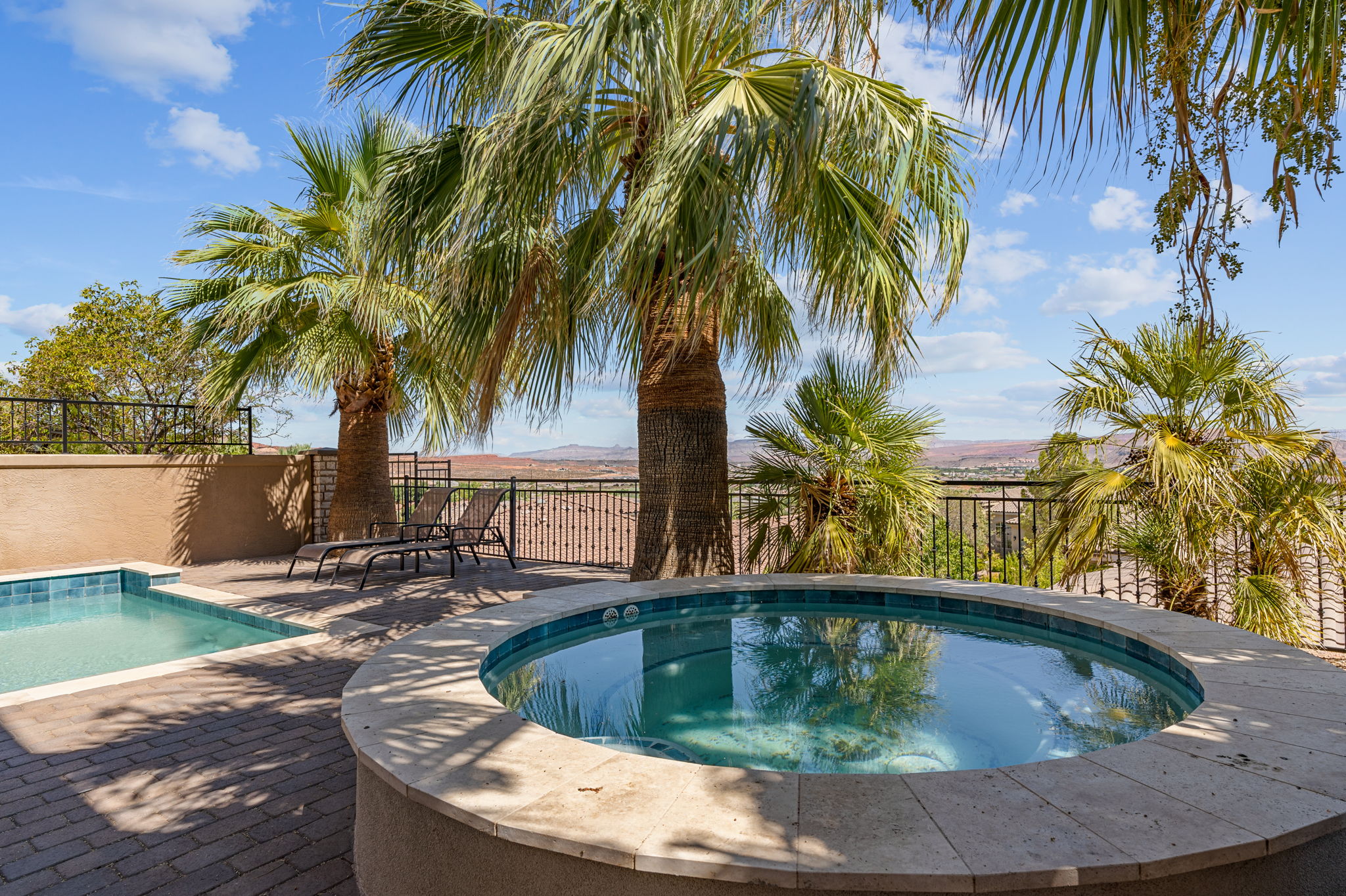 Outdoor patio featuring a built-in spa, rectangular pool, and mature palm trees