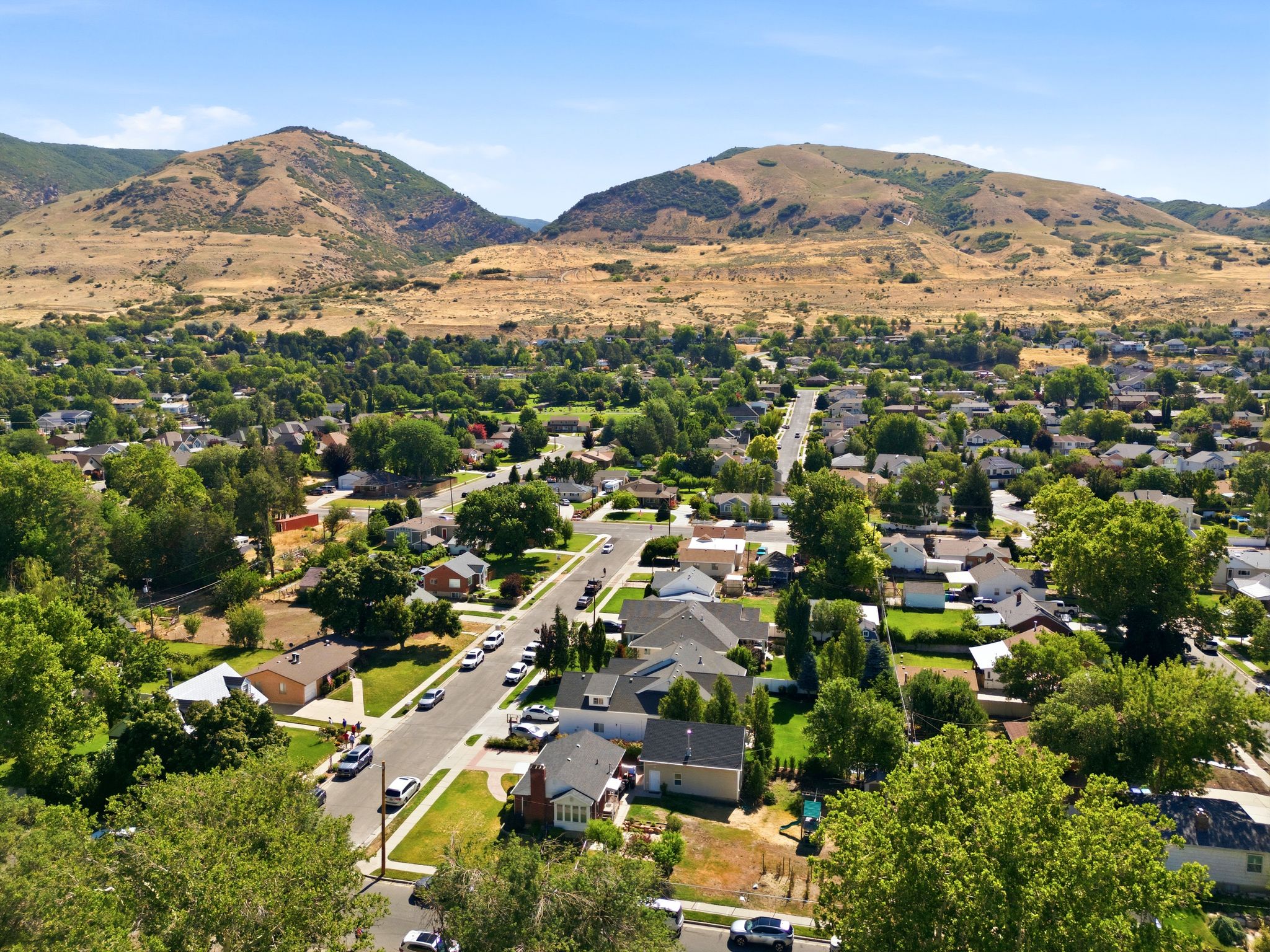 Expansive residential area featuring established homes, mature trees, and mountainous terrain