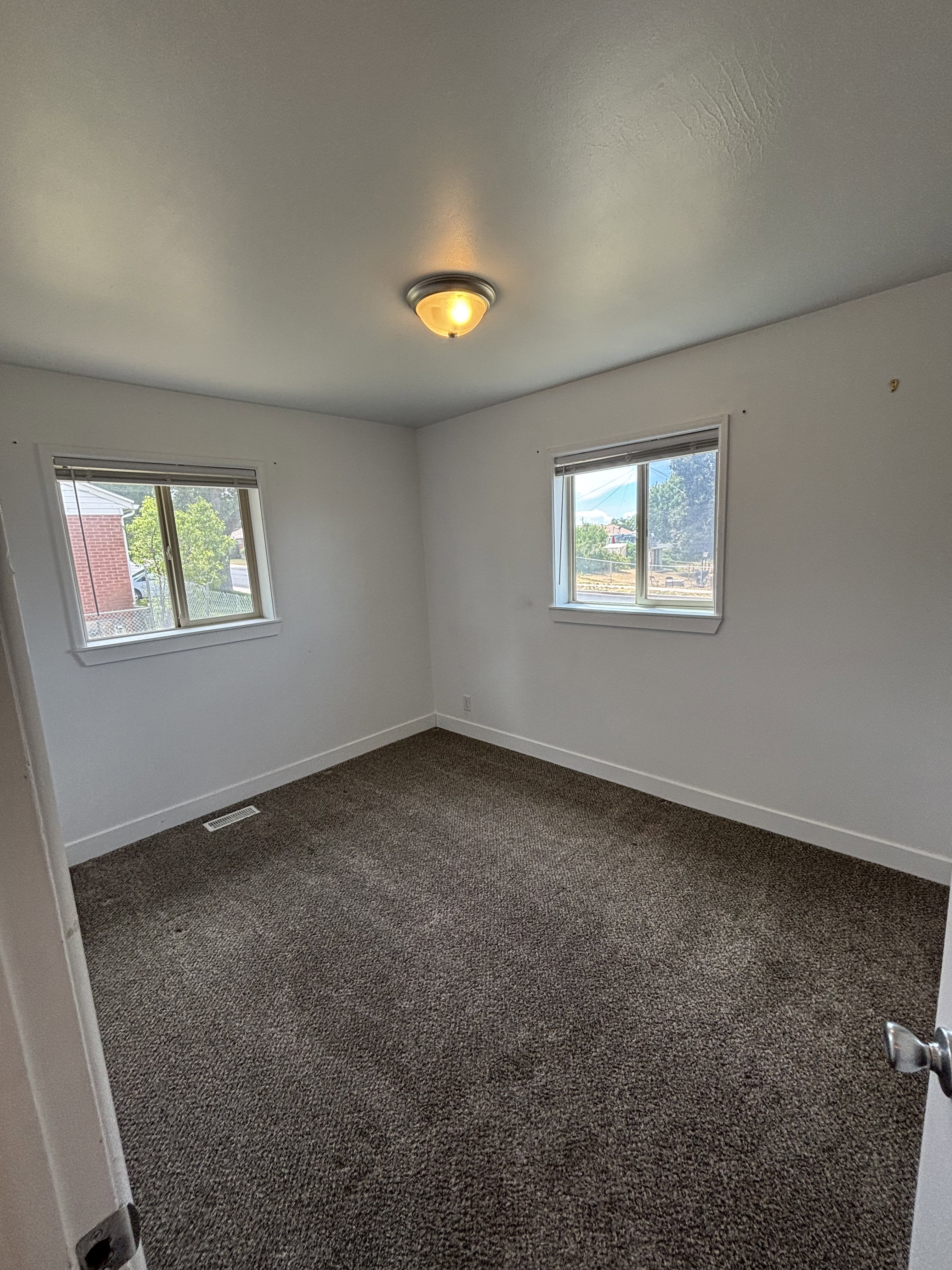 Neutral tone wall paint with two windows, grey carpet, and a ceiling-mounted light fixture.