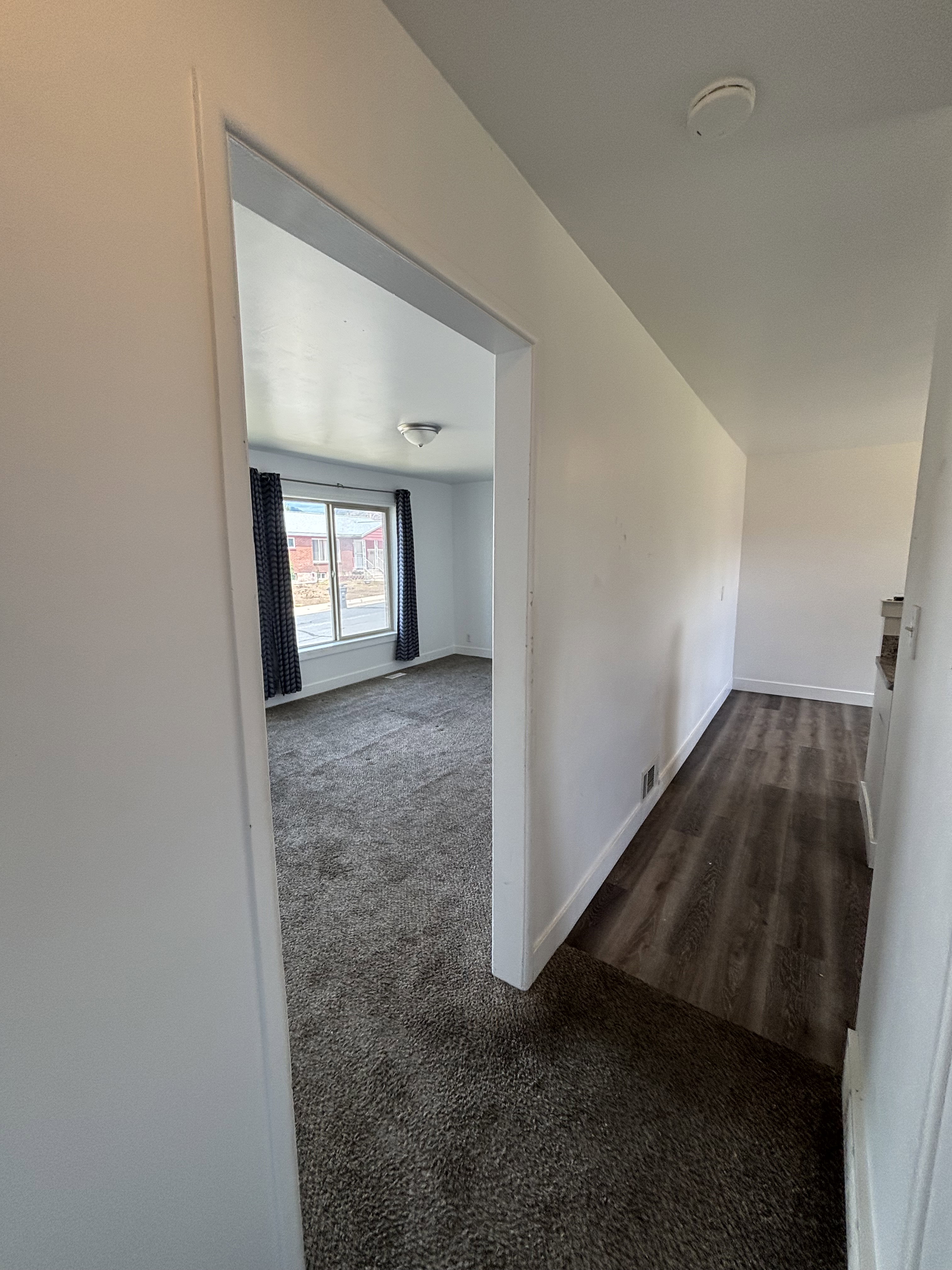 Doorway leading into Living Room with gray carpet and white walls from Hallway leading into Kitchen.