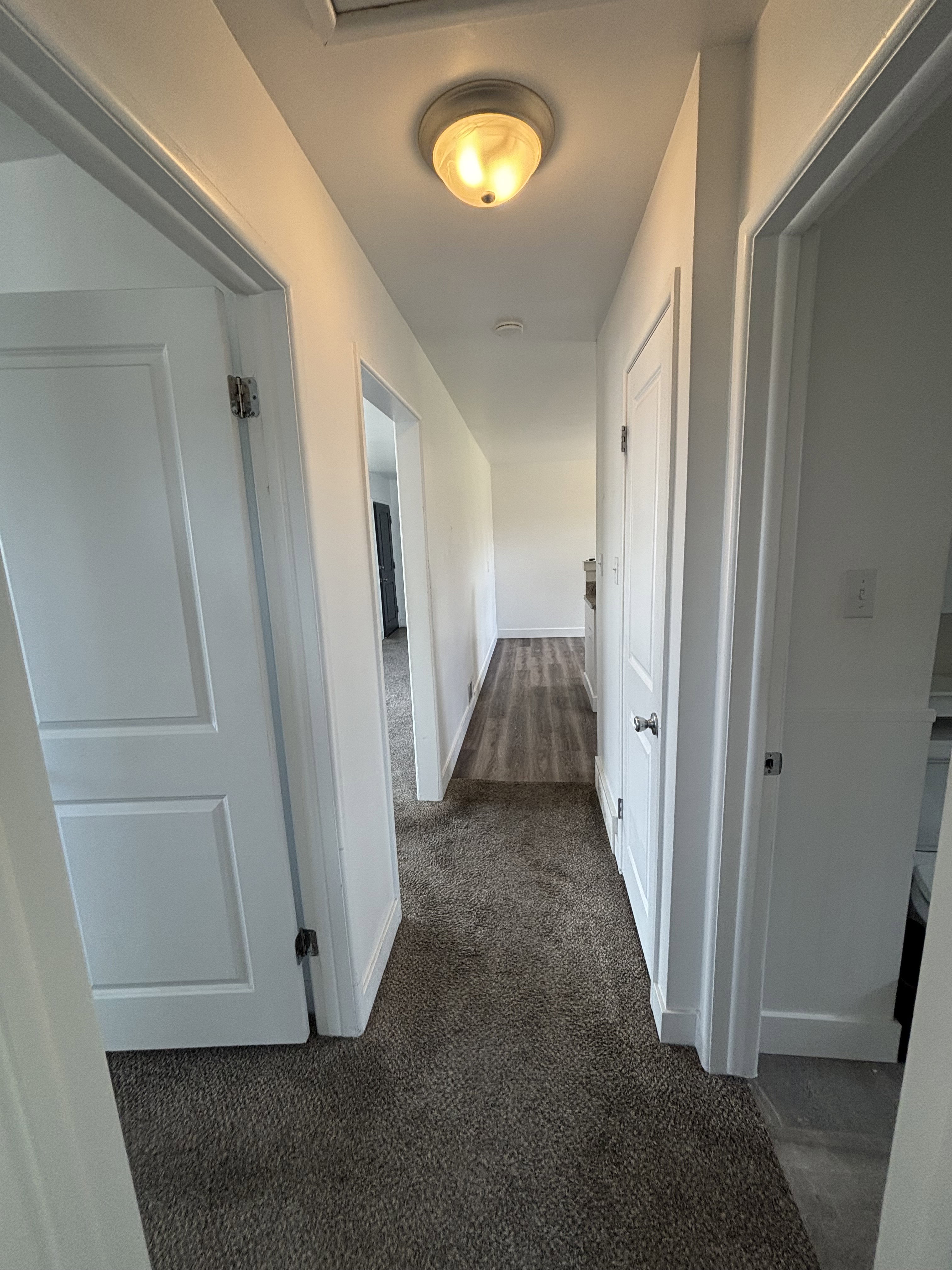 Hallway featuring neutral-toned carpeting and white panel doors leading to Full Bathroom and two Bedrooms.