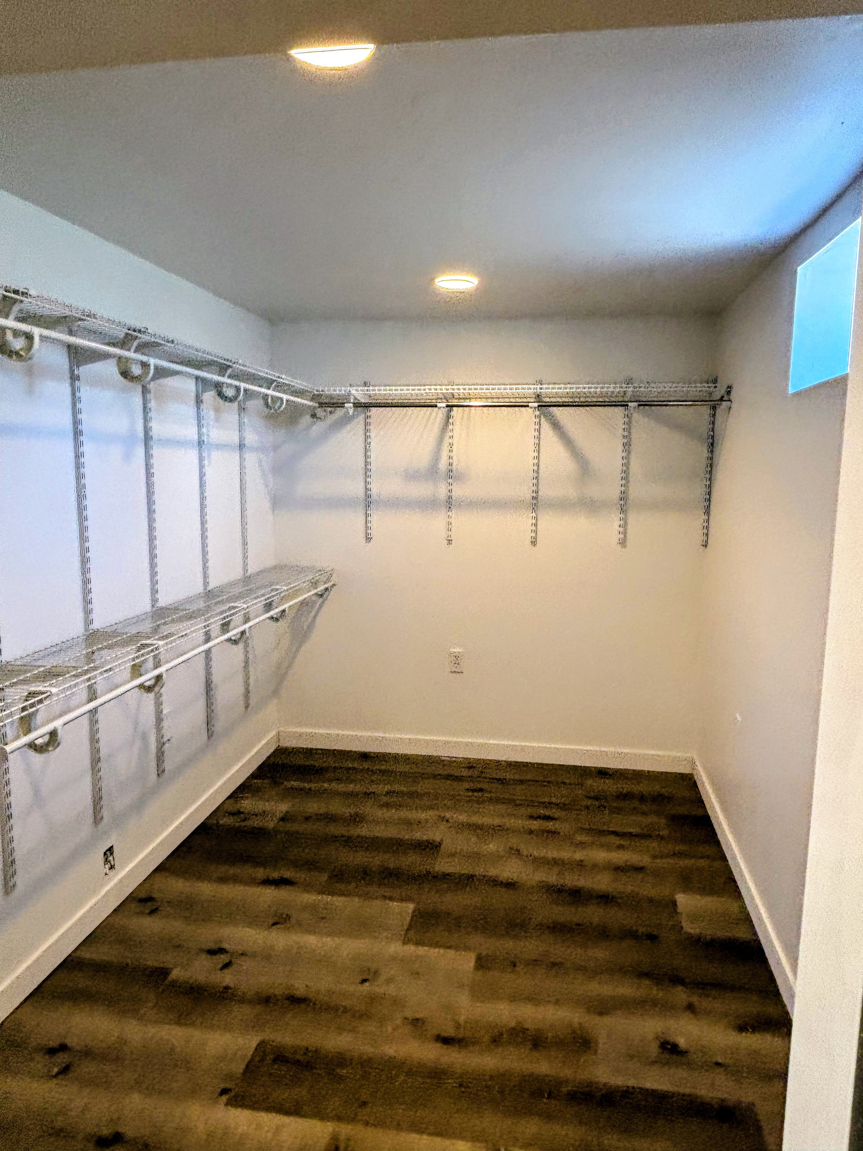 Spacious walk-in closet featuring wood-finish flooring, white walls, and built-in adjustable wire shelving.