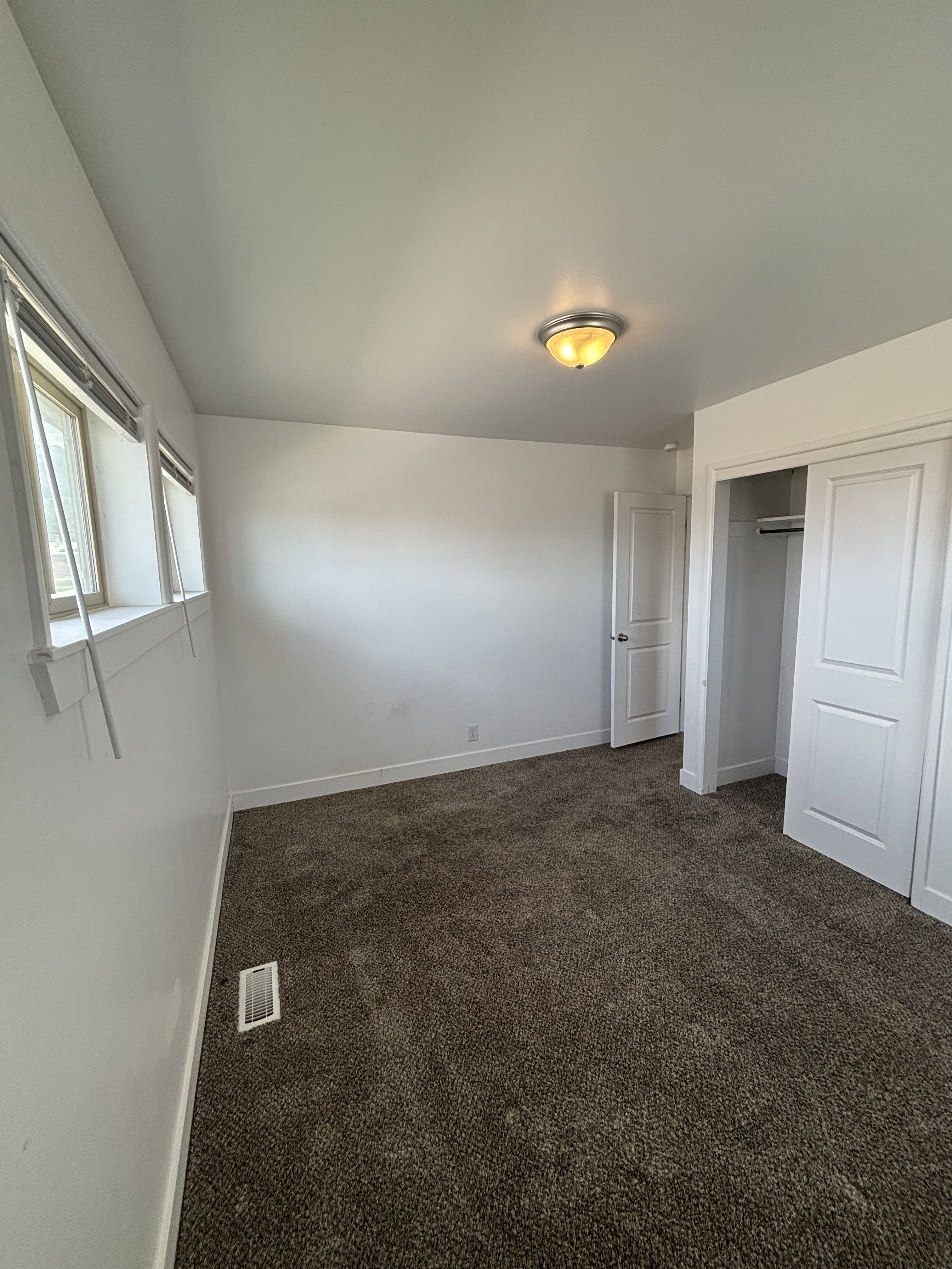 Carpeted interior space featuring white walls and trim, multiple windows with blinds, a ceiling-mounted light fixture, and a closet with sliding doors.