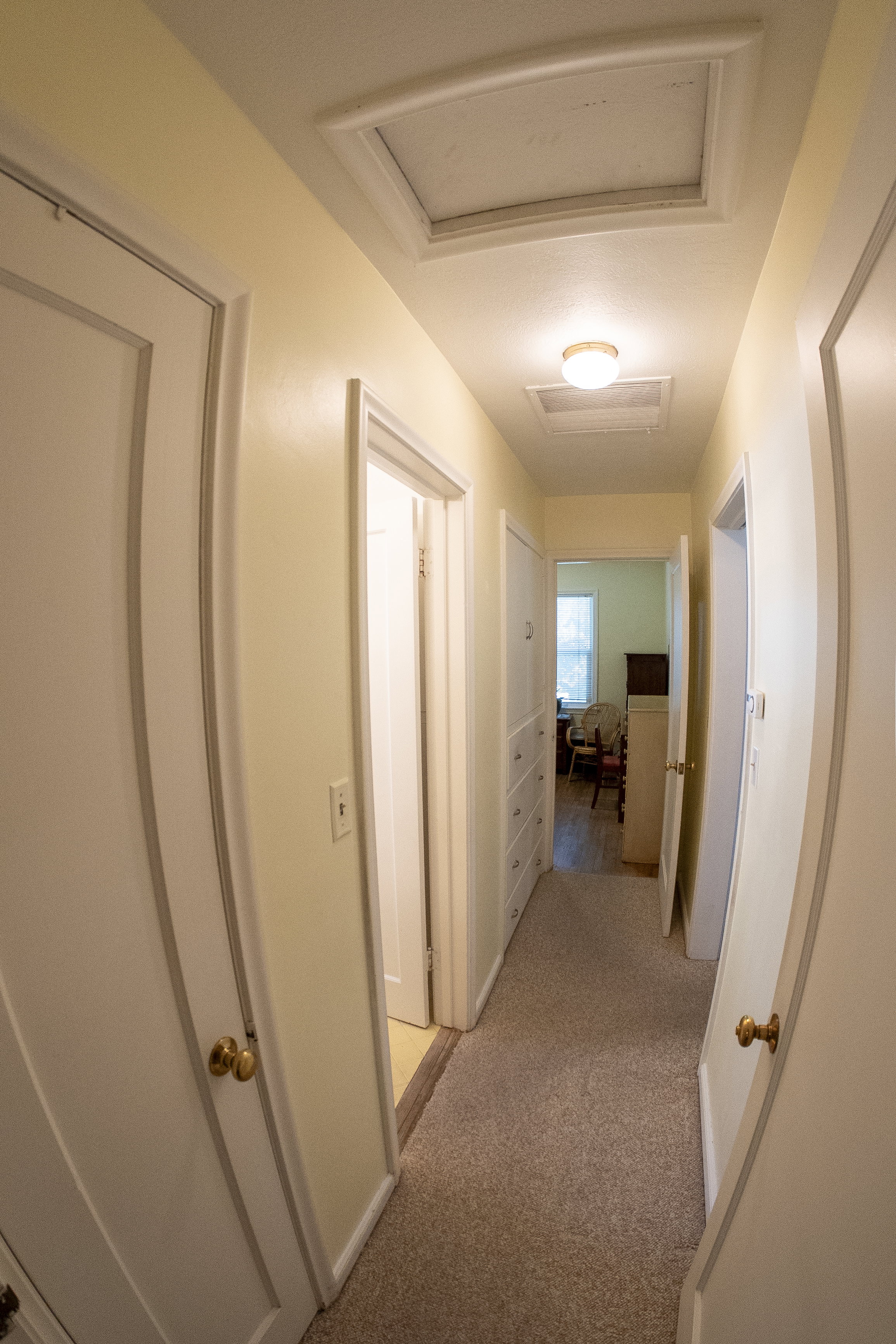 Hallway with neutral carpet flooring, light-toned wall paint, white trim, and multiple white panel doors with brass-toned hardware
