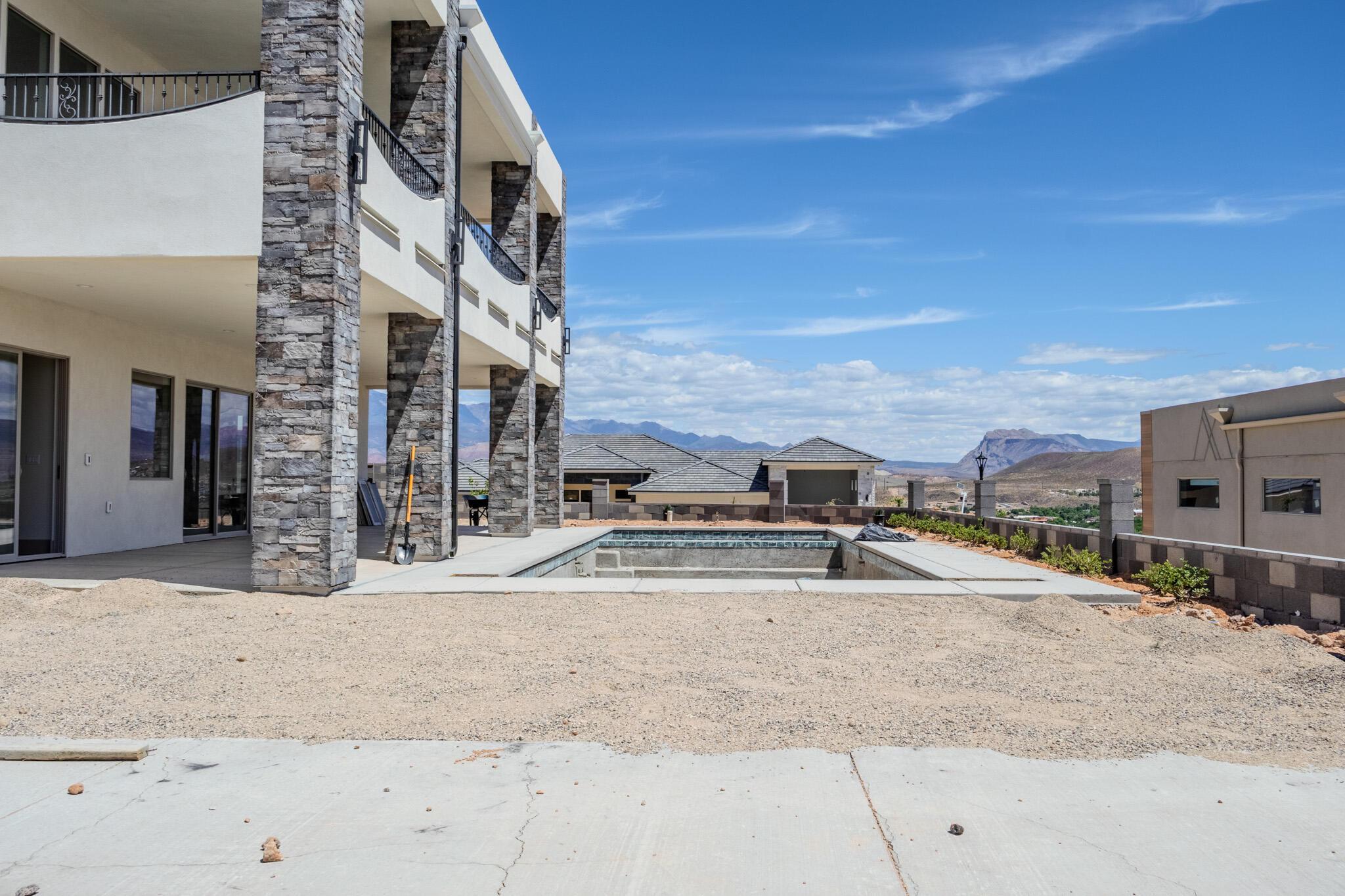 Exterior patio with integrated rectangular pool