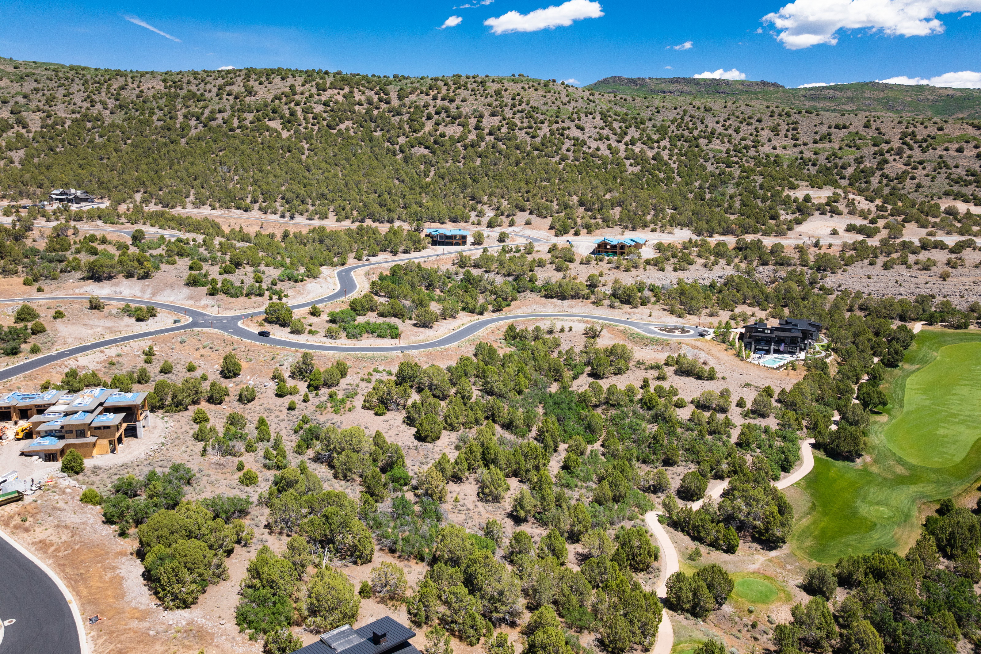 Expansive hillside property with winding paved roads, surrounded by abundant natural greenery