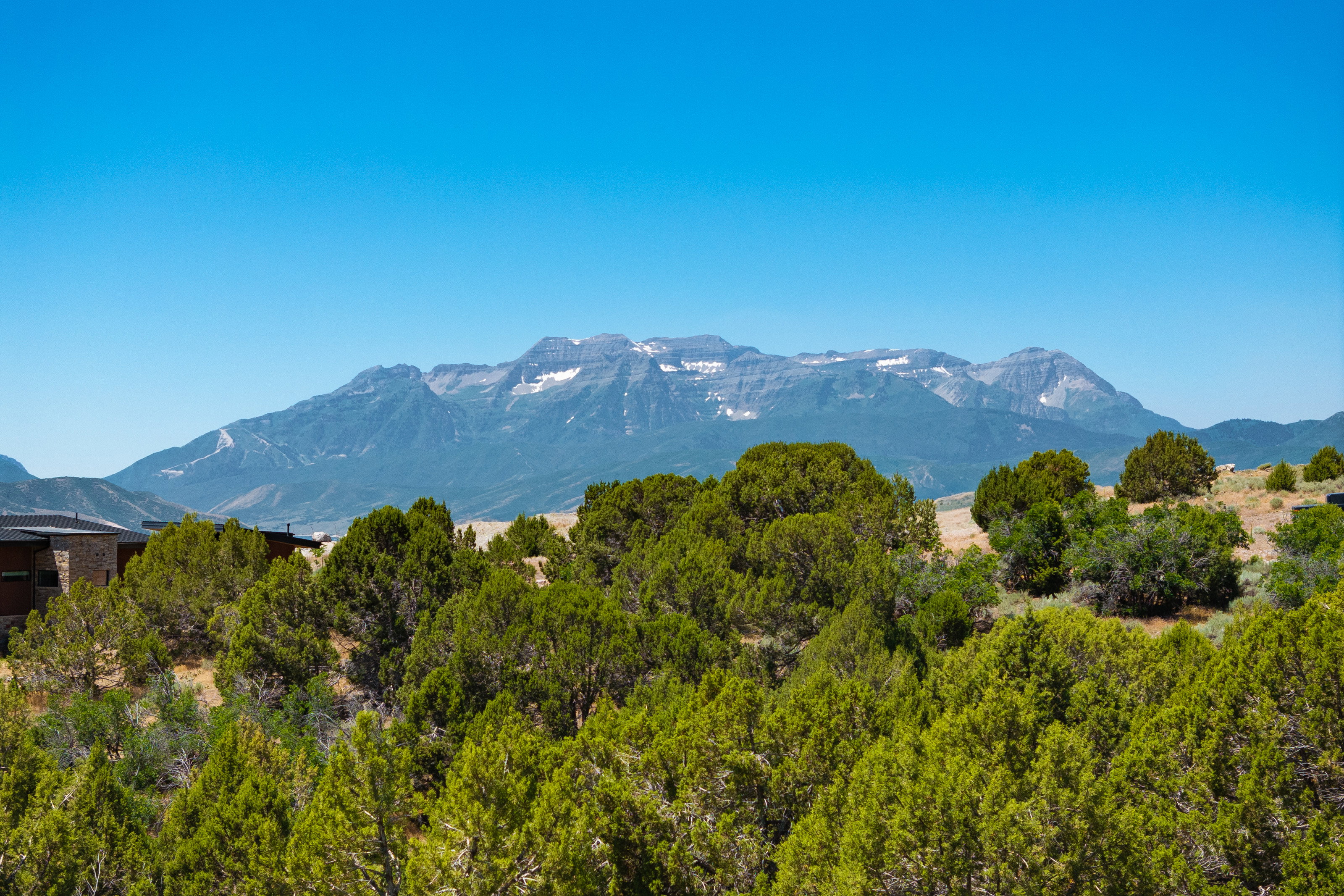Distant mountain range with snow-capped peaks
