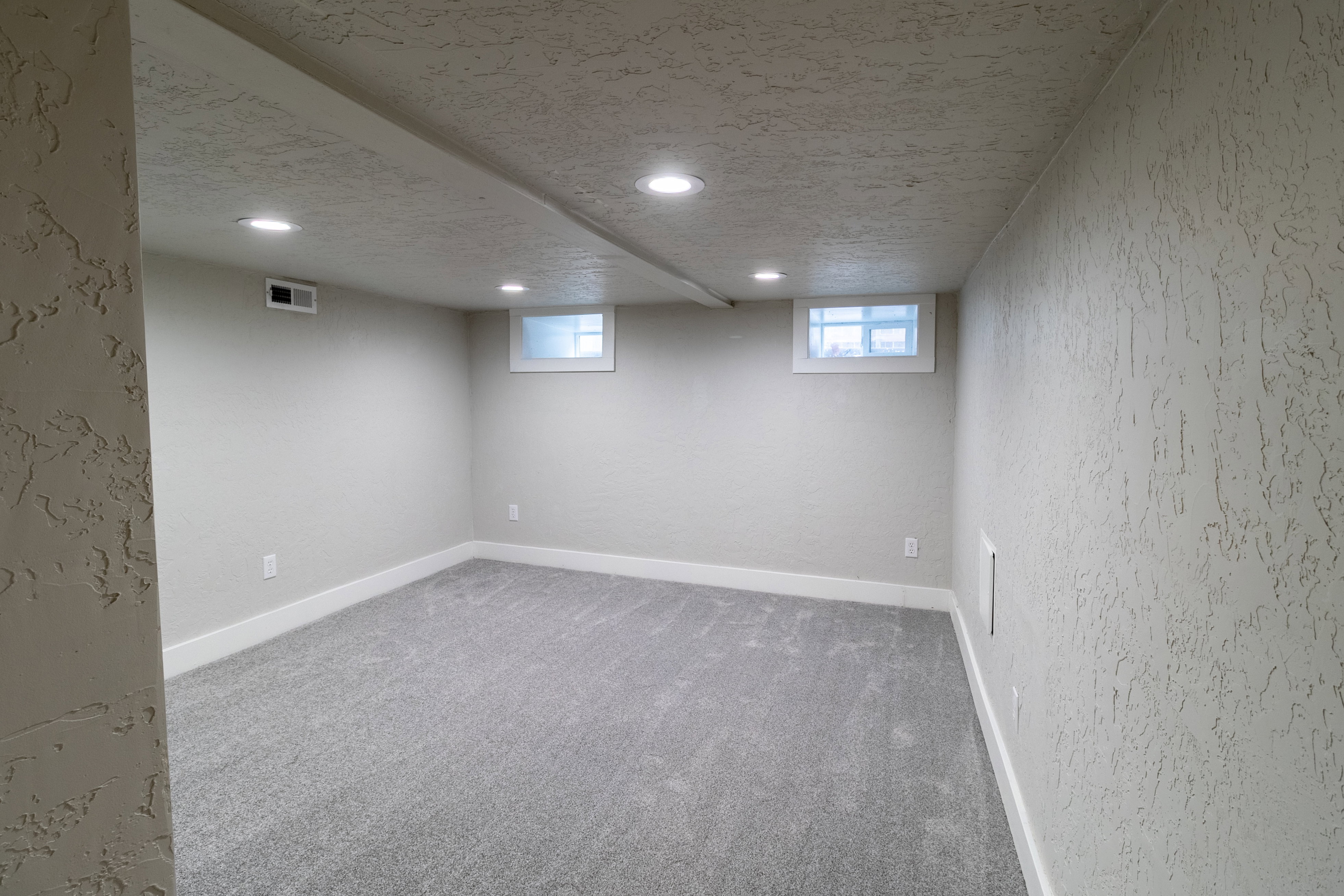 Spacious room featuring light gray carpeting, neutral-toned walls, recessed lighting, and two windows providing natural illumination