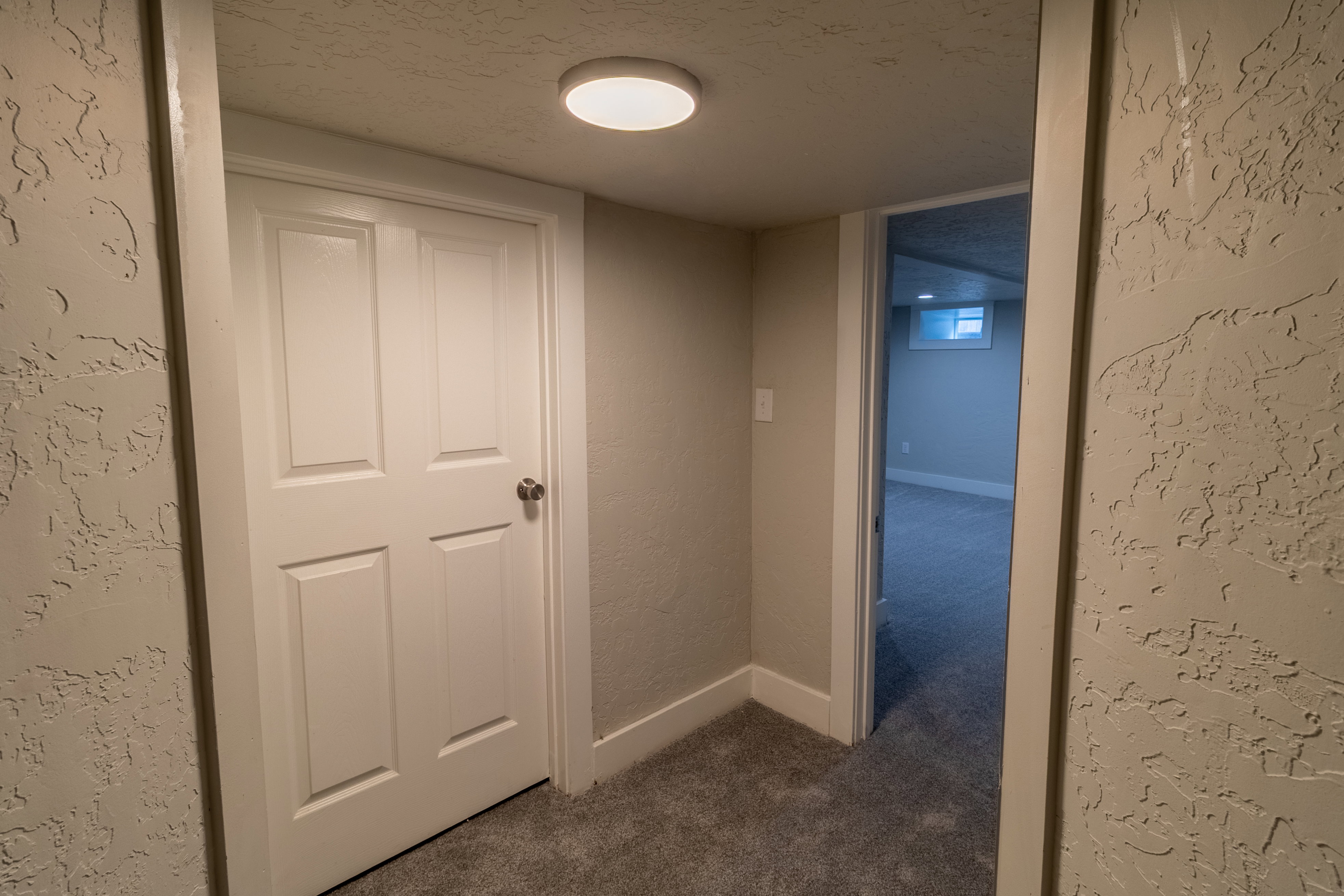 Interior entryway featuring light grey textured walls, grey carpeting, a white four-panel door with a brushed nickel knob, and a flush-mount ceiling light fixture