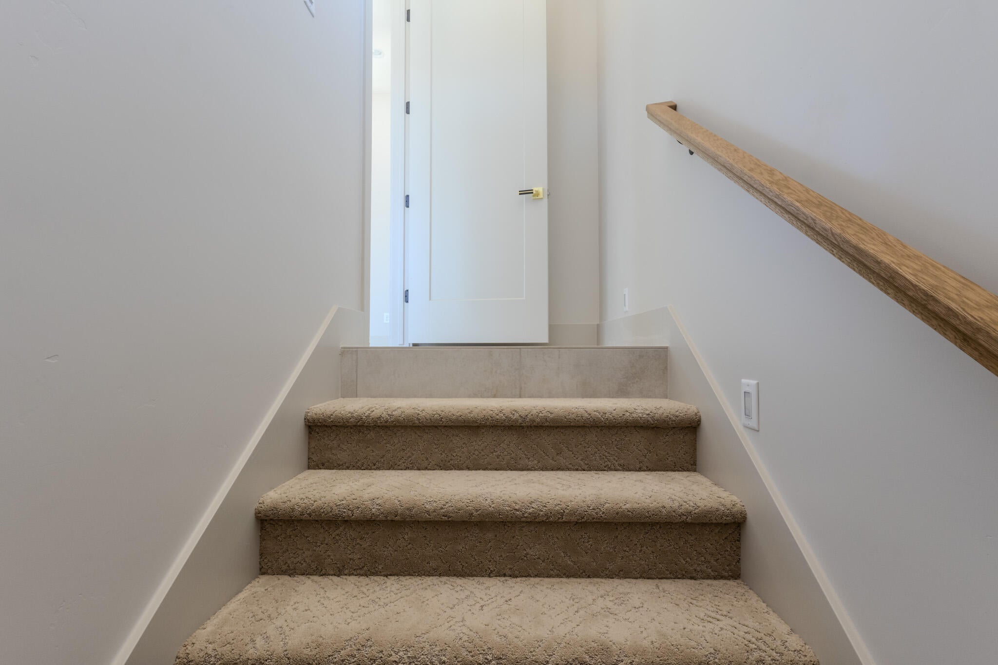 Carpeted staircase with a wood handrail leading to a landing with tile flooring and a white paneled door