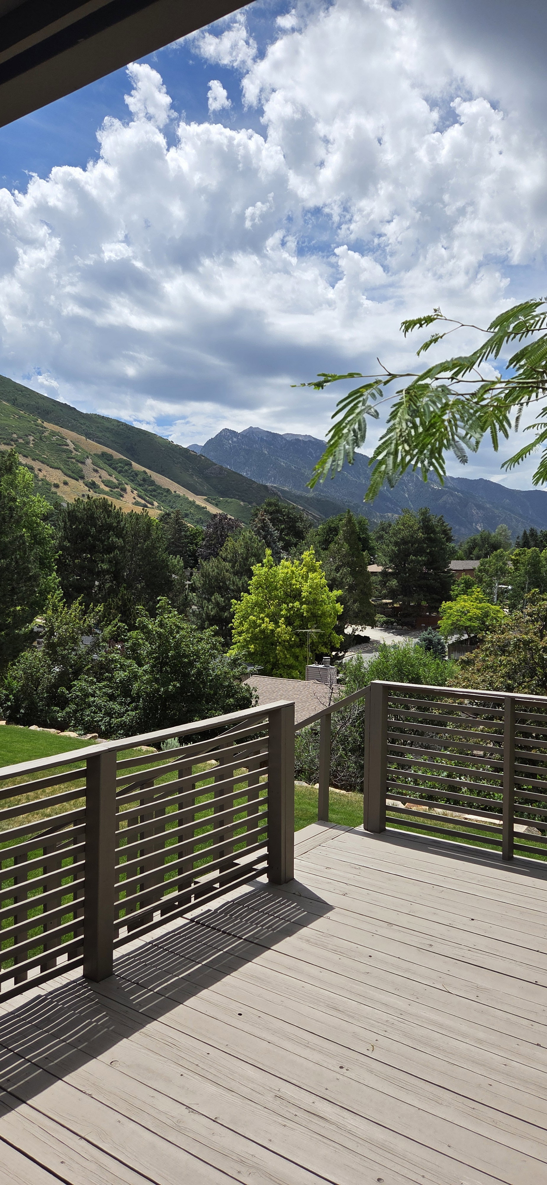 Expansive outdoor deck featuring wood-finish composite decking and contemporary horizontal slat railings