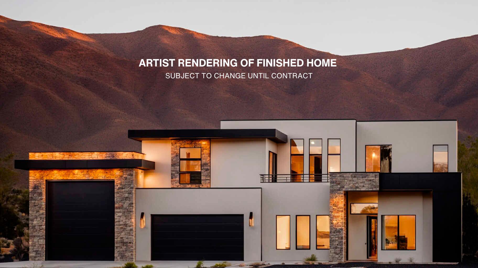 Contemporary exterior featuring multi-textured facade, expansive windows, multiple garage bays, and integrated exterior lighting