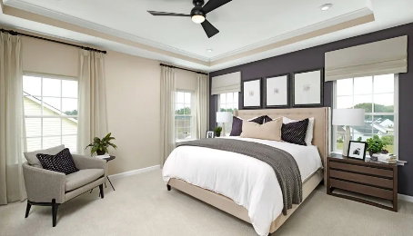 Picture of a similar model only. Not actual home. Actual home will have different finishes or options than seen hereSpacious bedroom featuring a tray ceiling, recessed lighting, and a ceiling fan