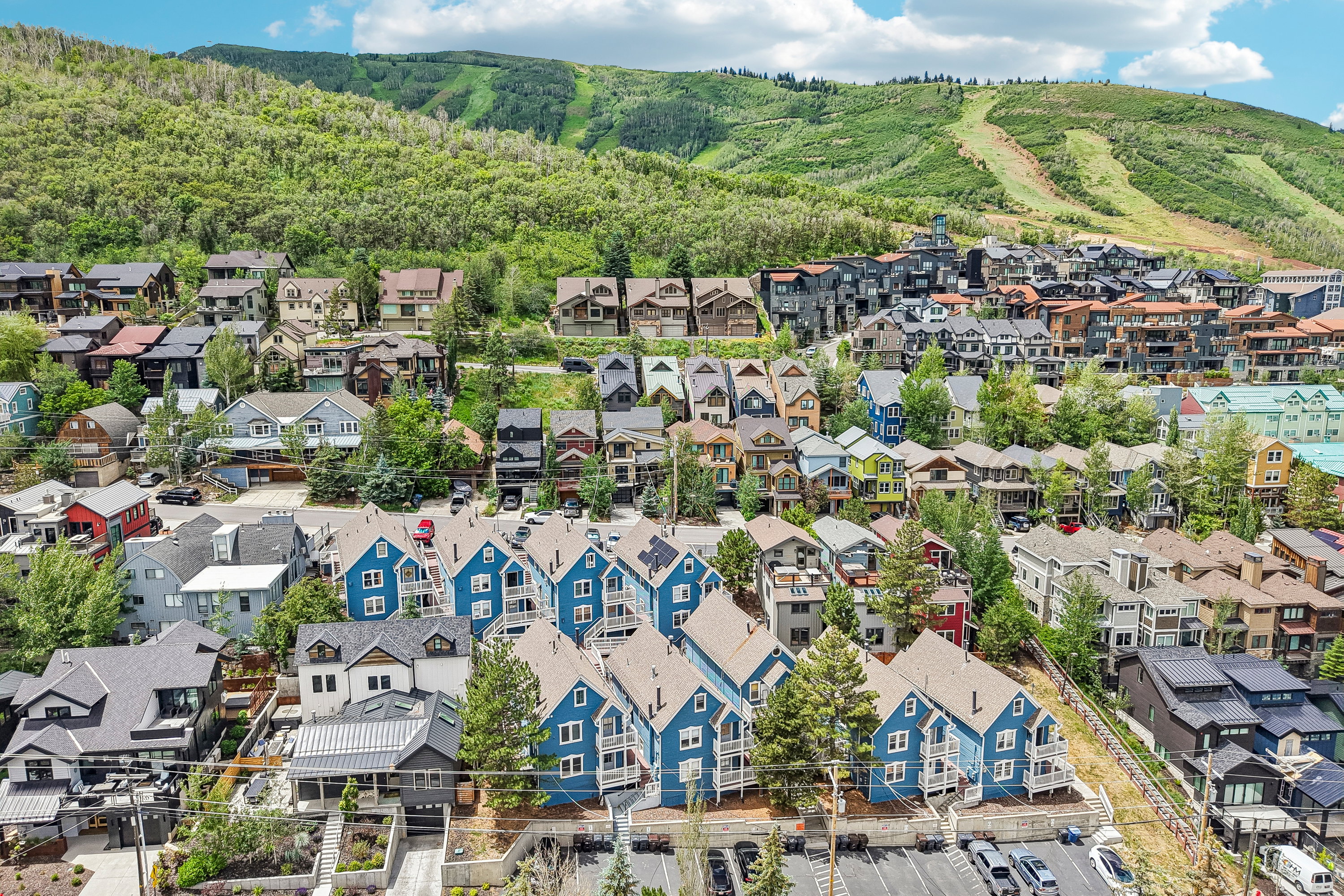 Expansive residential area featuring diverse architectural styles with pitched roofs and multiple stories