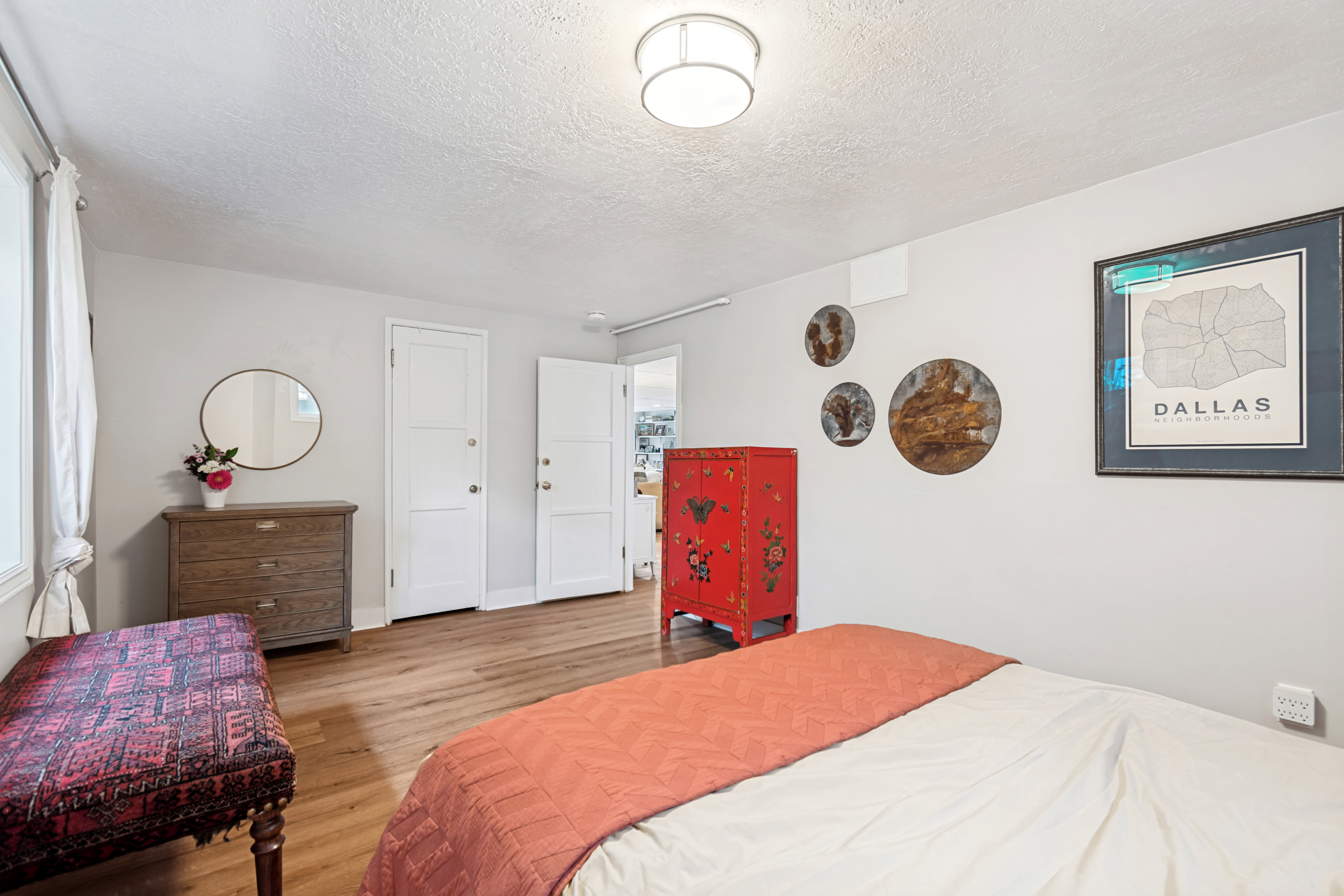 White ceiling with a flush-mount light fixture