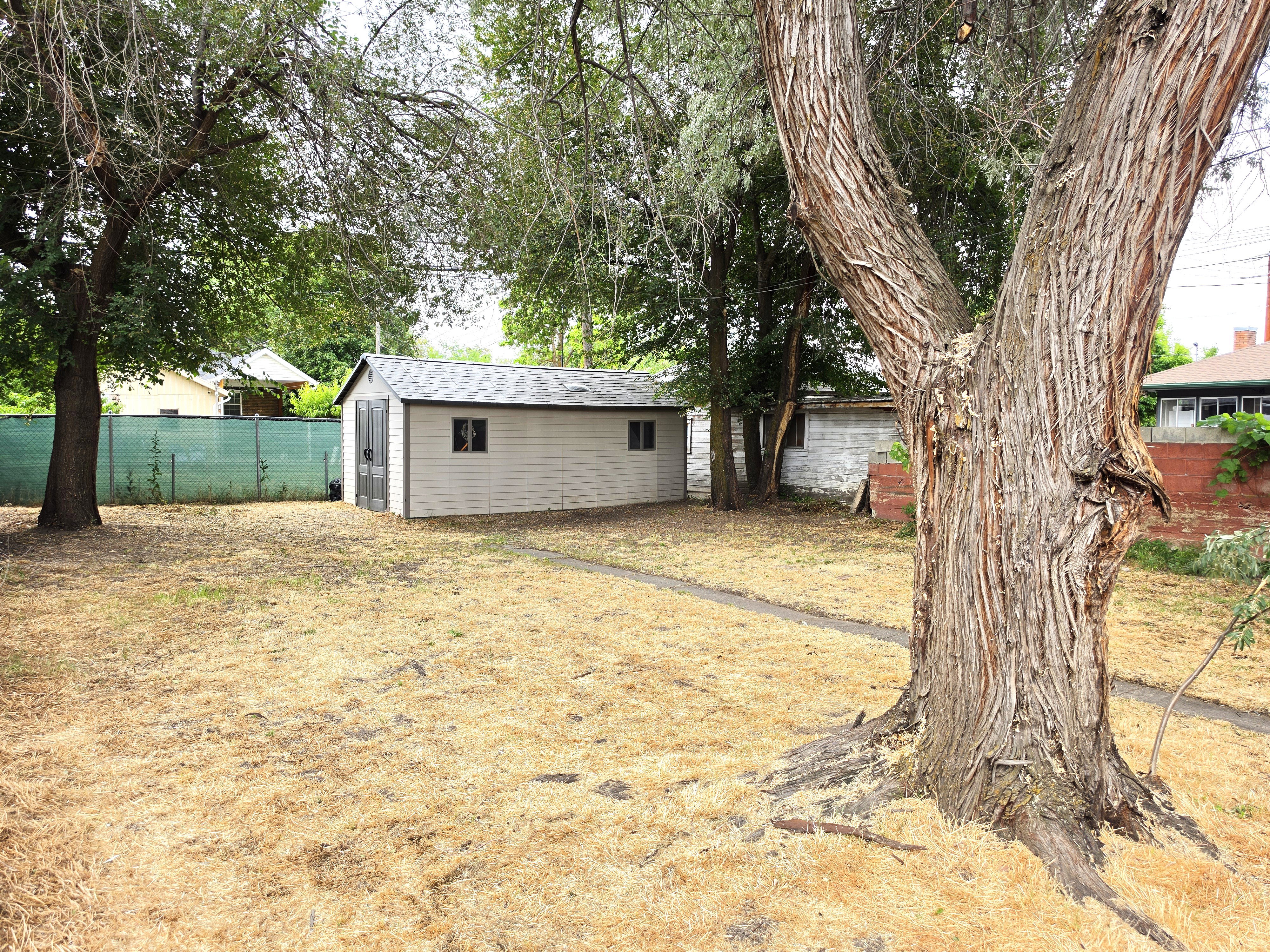 Spacious backyard featuring an established shade tree, a separate storage shed with a shingled roof, a green chain-link fence, and a brick wall