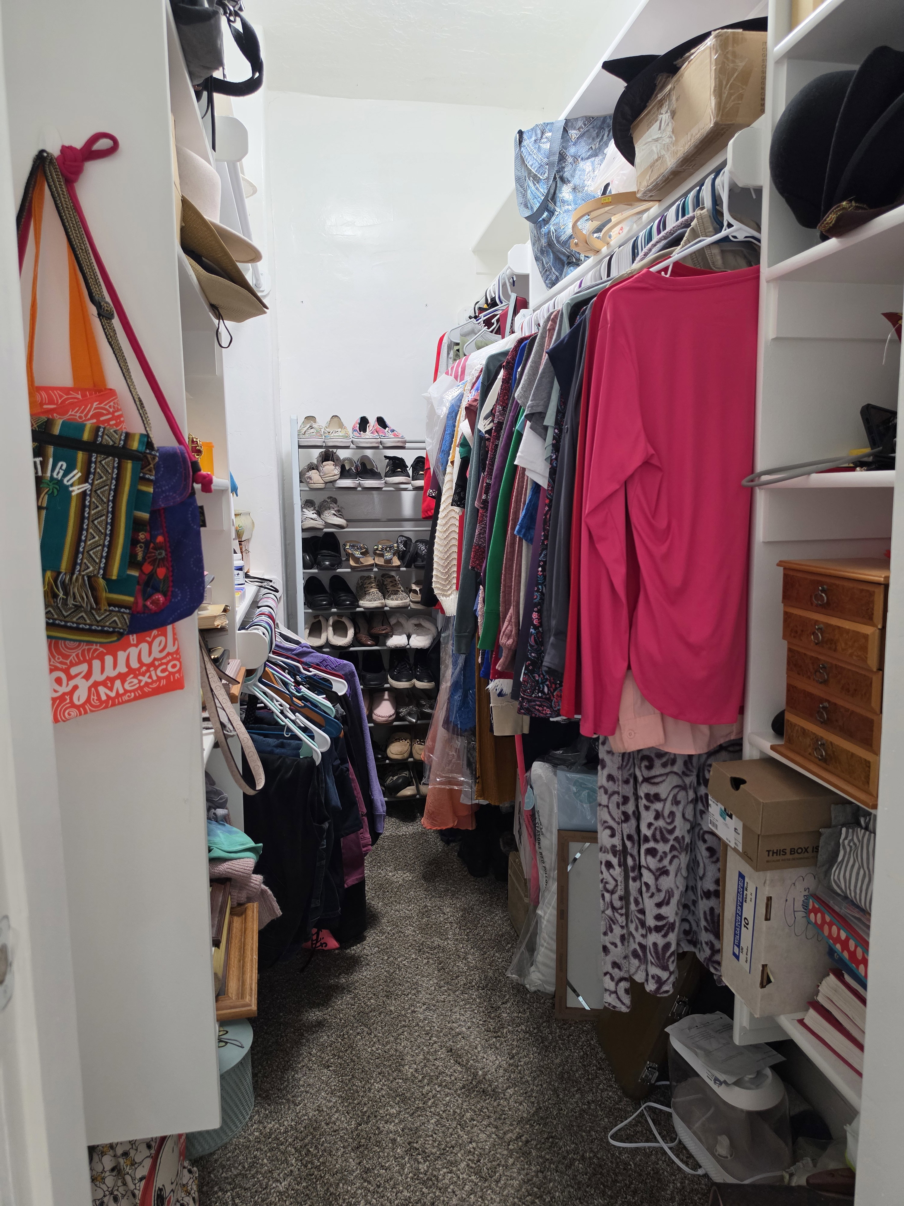 Walk-in closet with carpet flooring, white shelving, and multiple hanging rods for clothing storage
