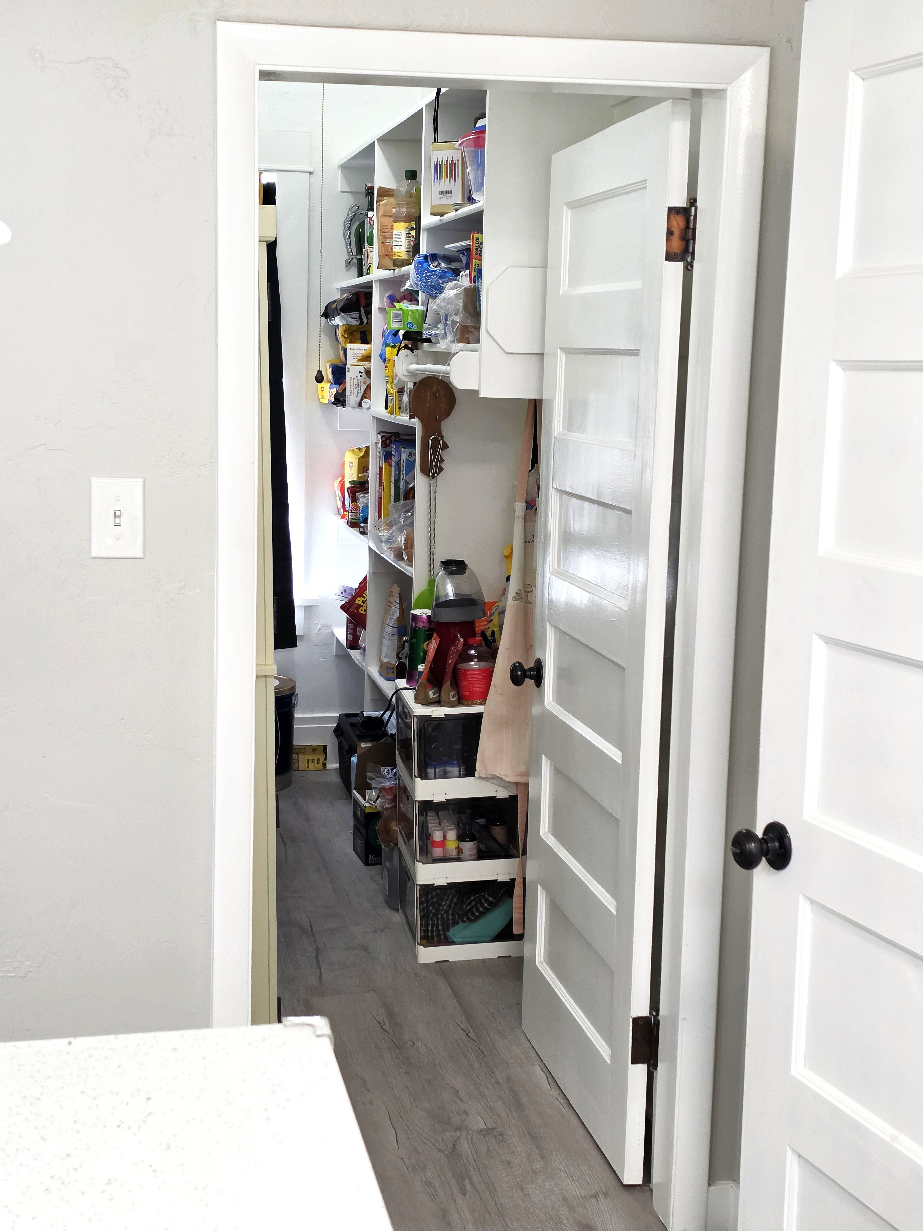 Pantry interior featuring extensive built-in shelving, wood-finish flooring, and a paneled door with dark hardware