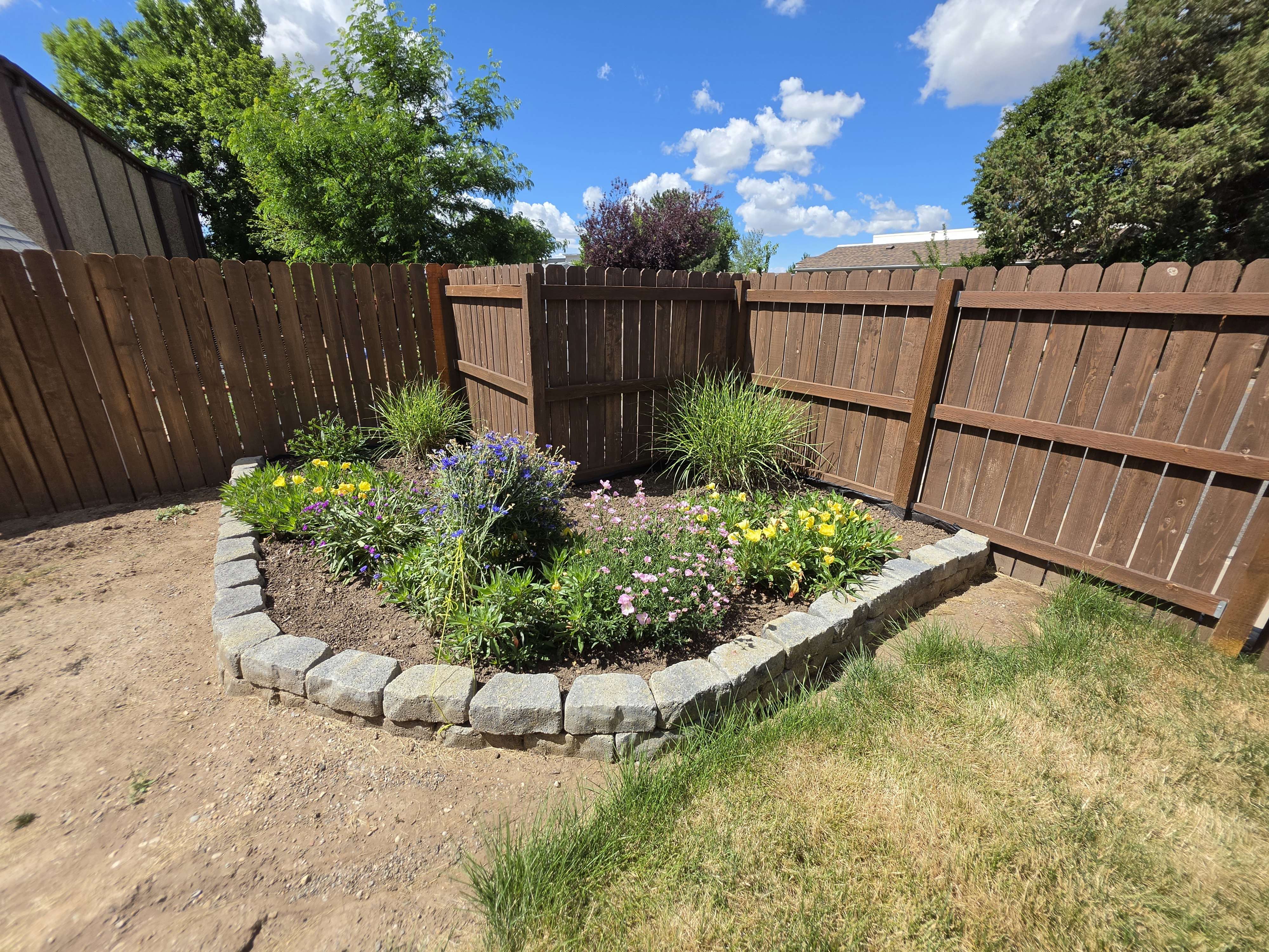 Corner garden bed with stone block retaining wall, featuring varied plantings and a privacy fence