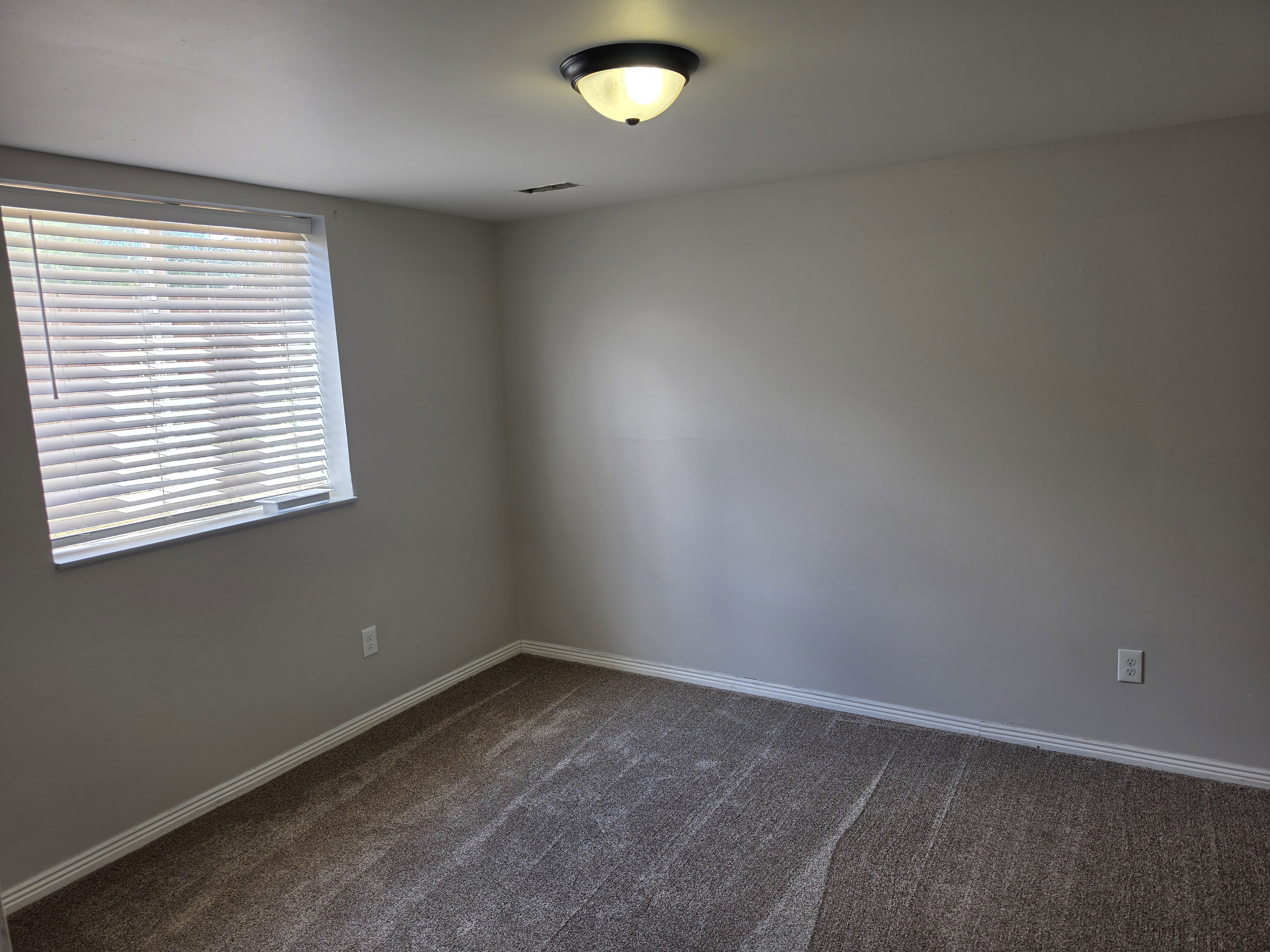 Carpeted room featuring a window with horizontal blinds, light-toned walls, white trim, and a flush-mount ceiling light fixture