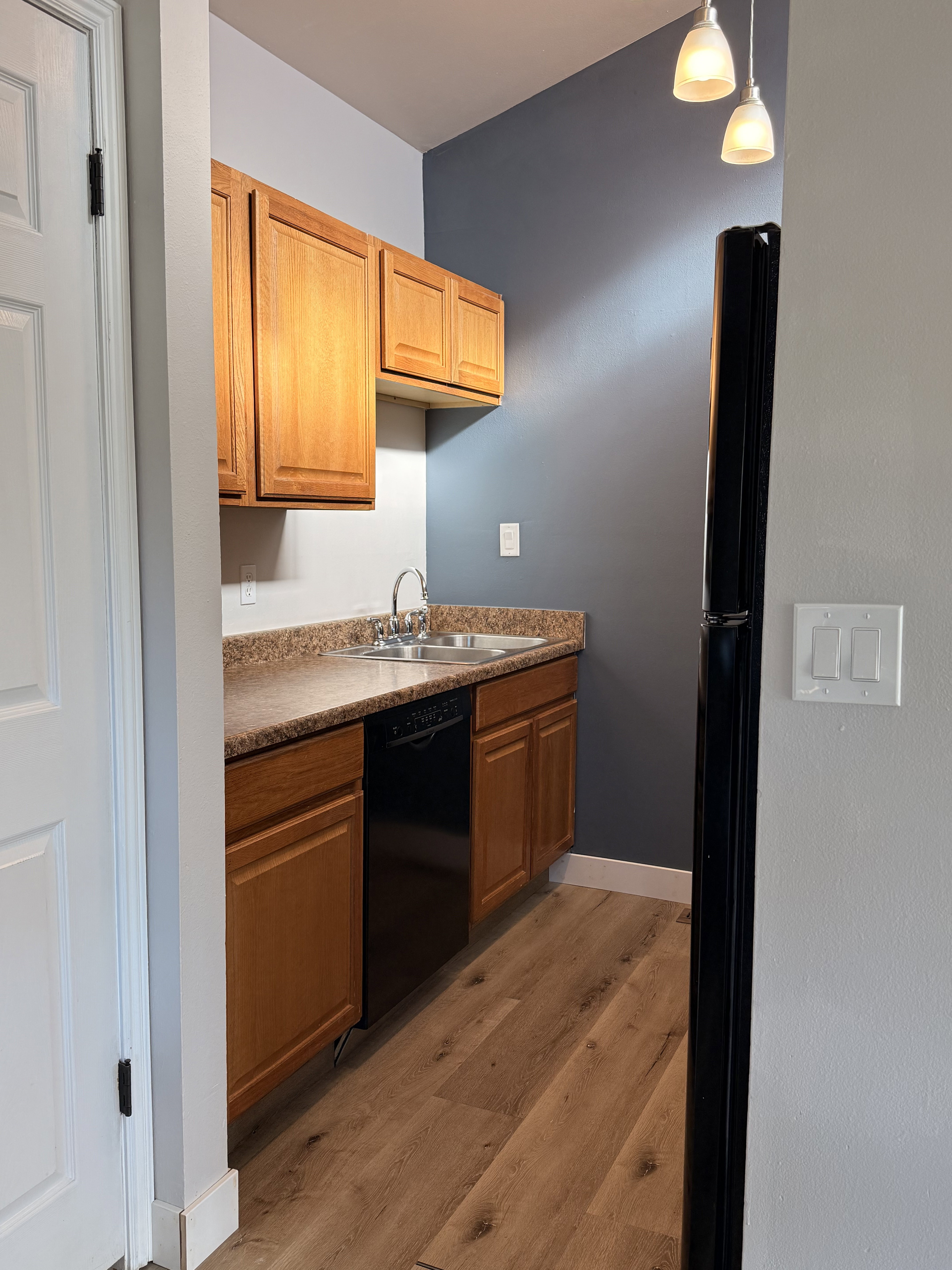 Kitchen area featuring wood-finish flooring, wood cabinetry, dark-toned countertops, a stainless steel sink, and pendant lighting