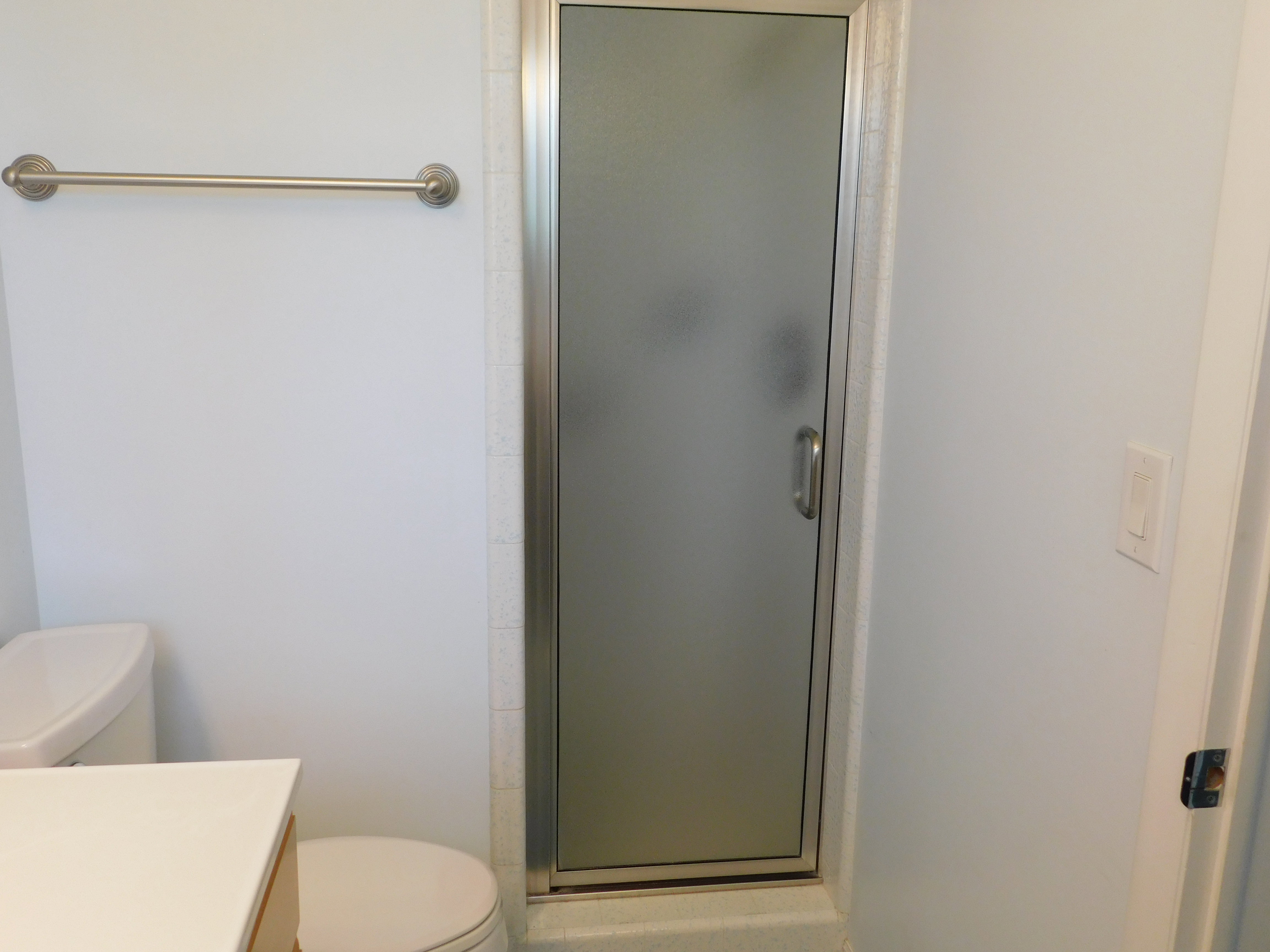Shower enclosure with frosted glass door and brushed nickel handle