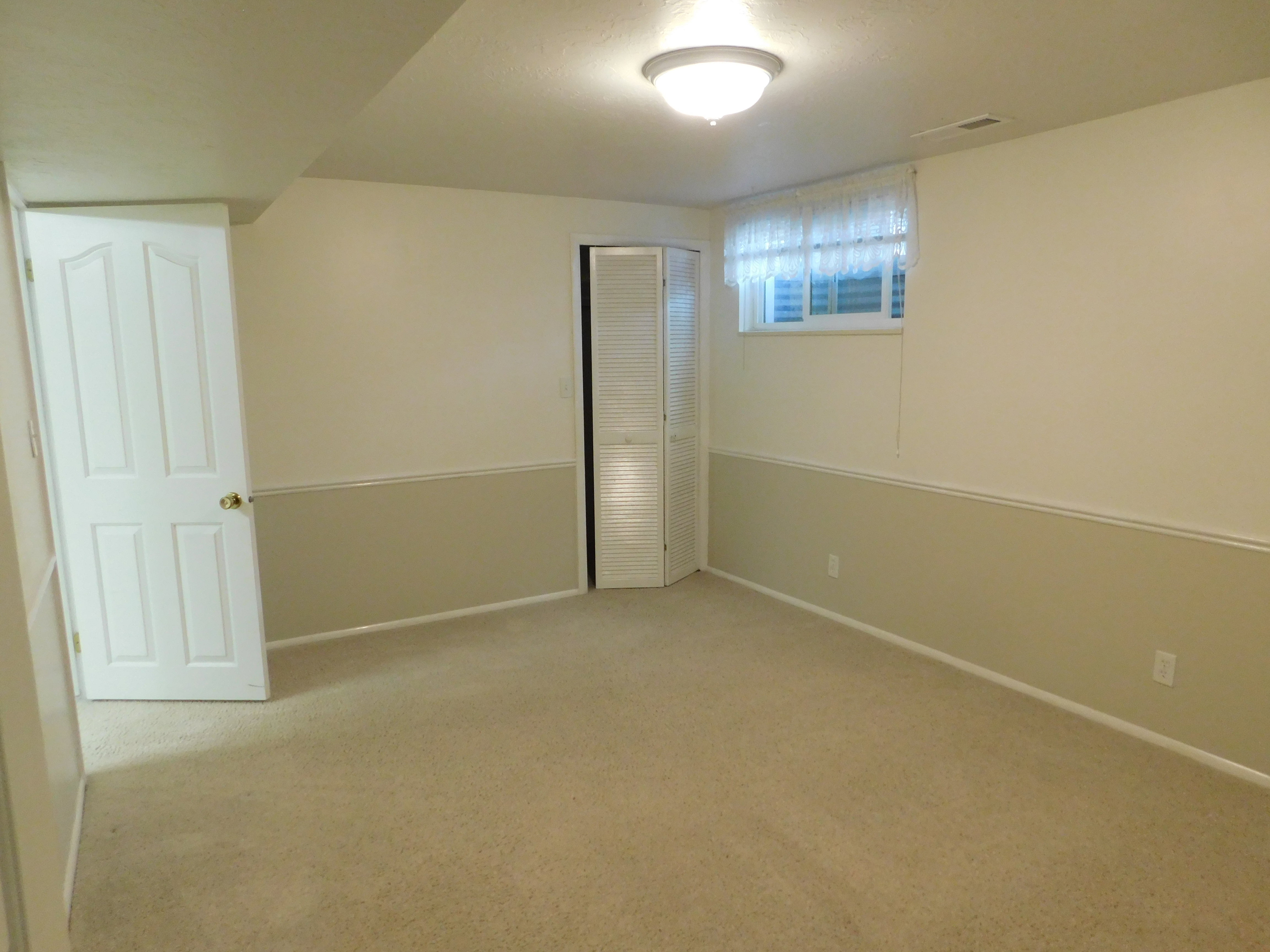 Spacious room with neutral carpet flooring and two-tone painted walls