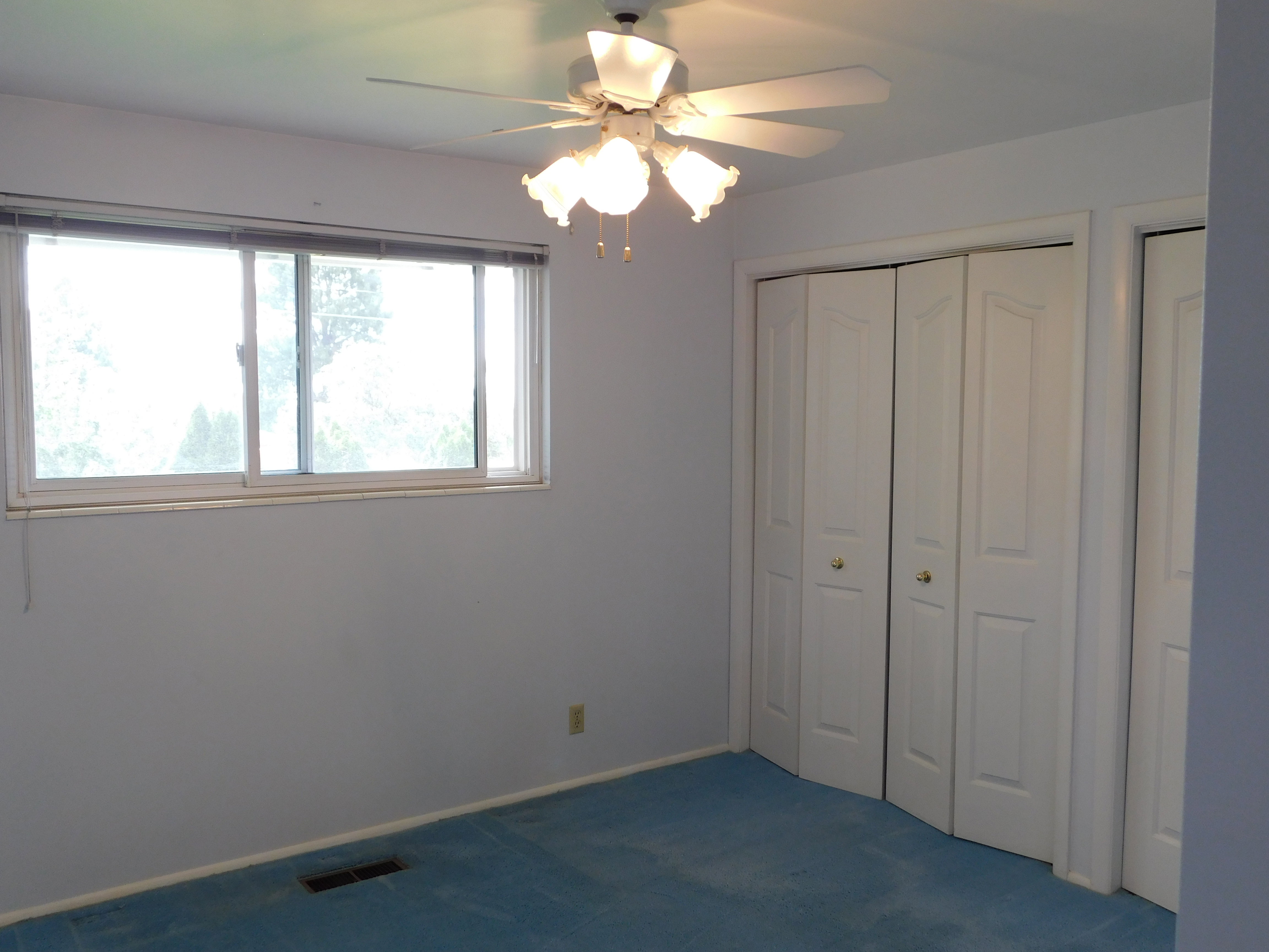 Room featuring light blue wall paint, blue carpeting, and a white ceiling fan with integrated lighting