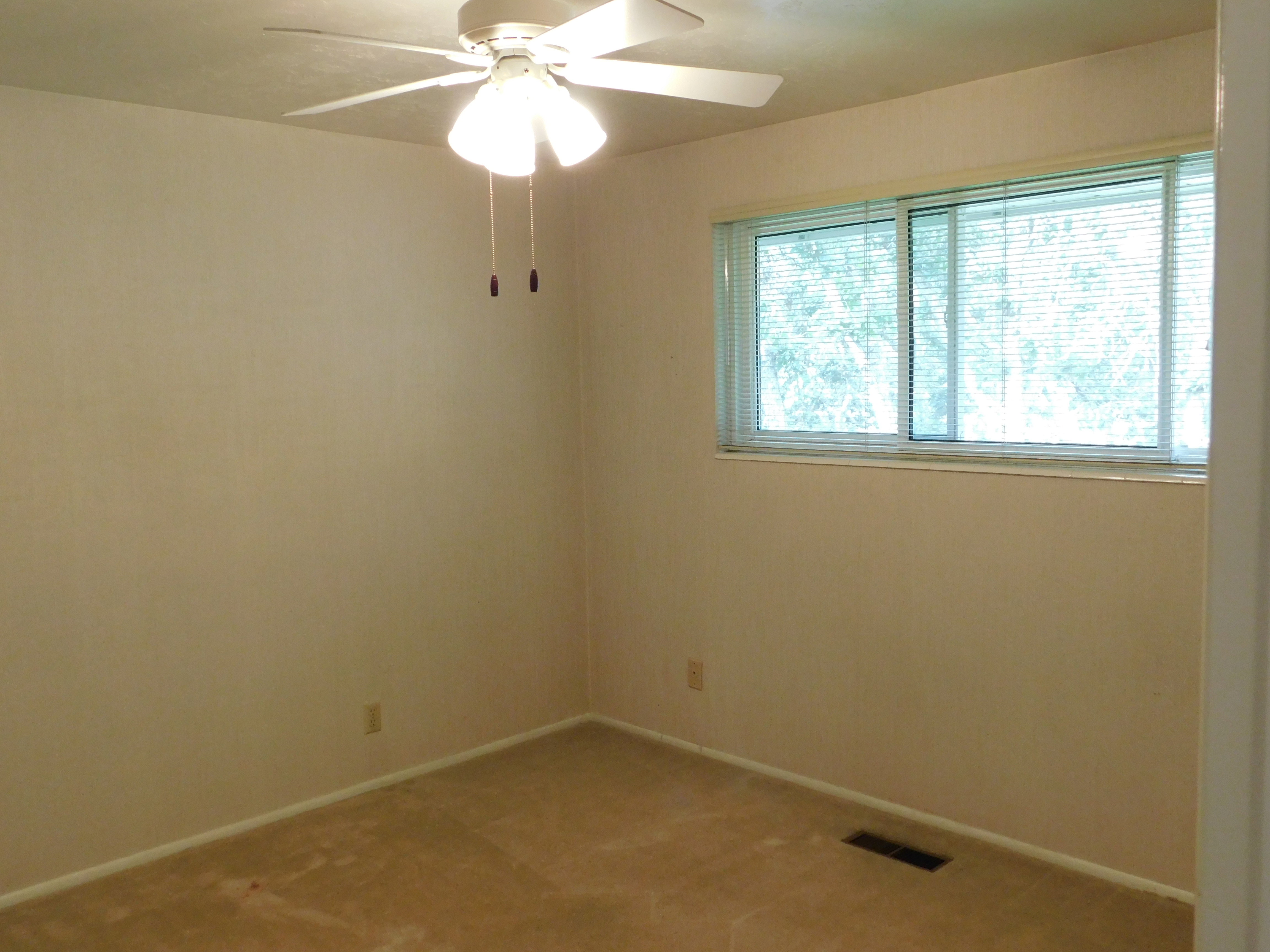 Carpeted room featuring a ceiling fan with integrated lighting, a window with horizontal blinds, and baseboard trim