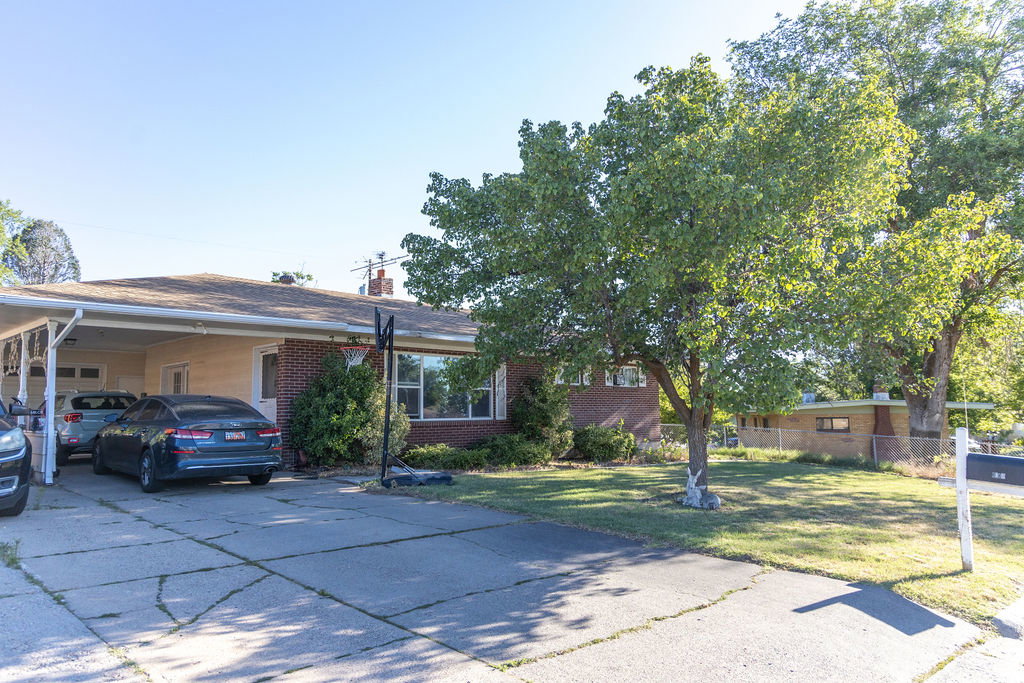Brick facade home featuring a carport, mature trees, and a concrete driveway