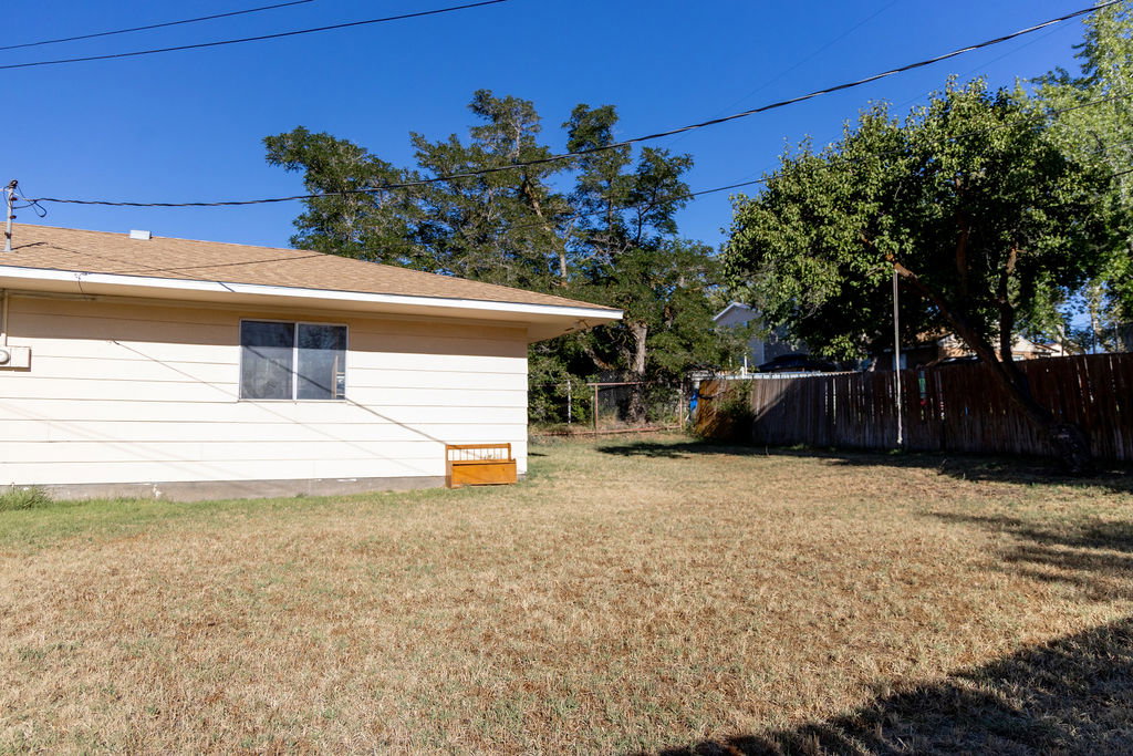 Expansive backyard featuring a fenced perimeter, mature tree, and broad lawn area