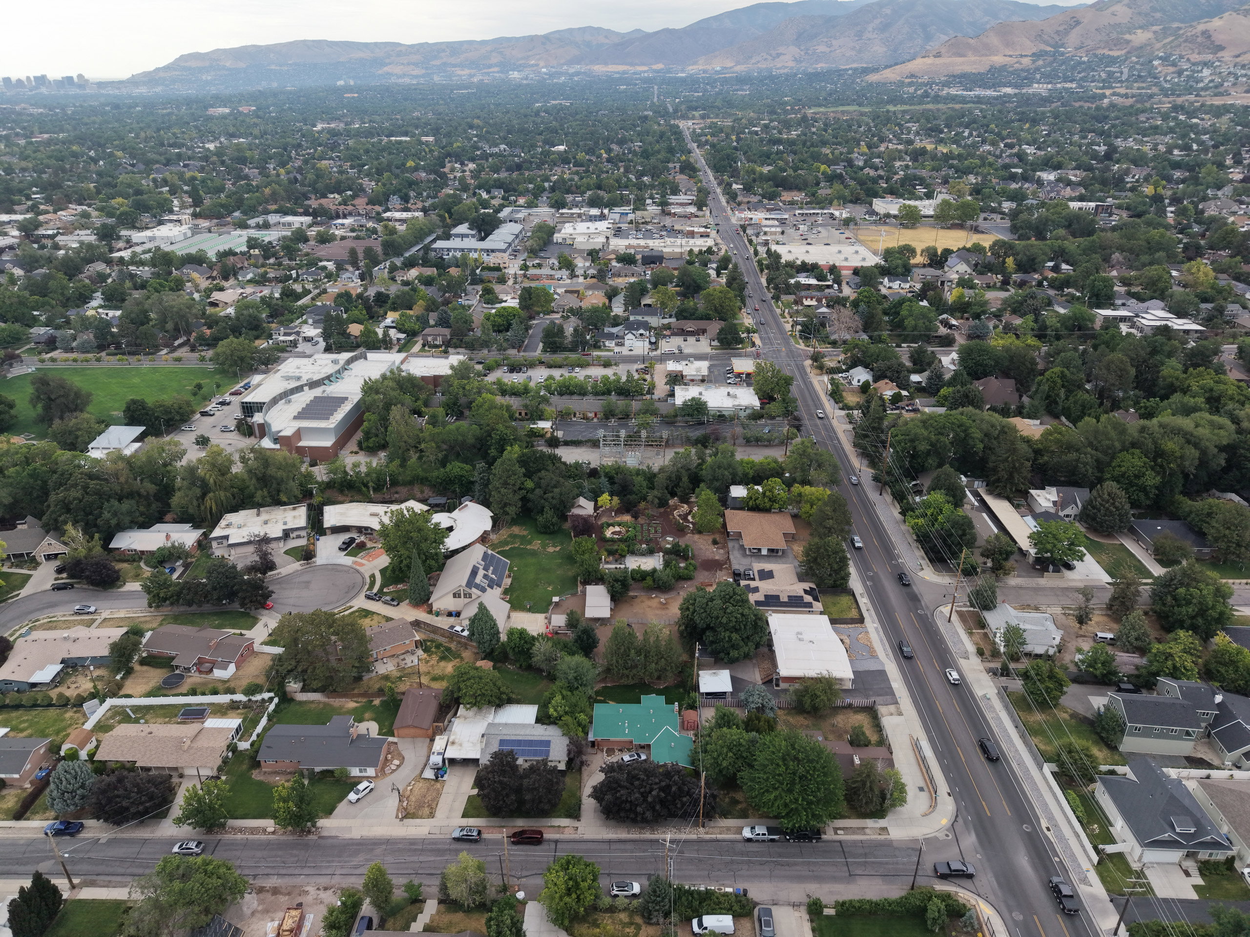 Residential neighborhood with mature trees, established properties, and distant mountain ranges