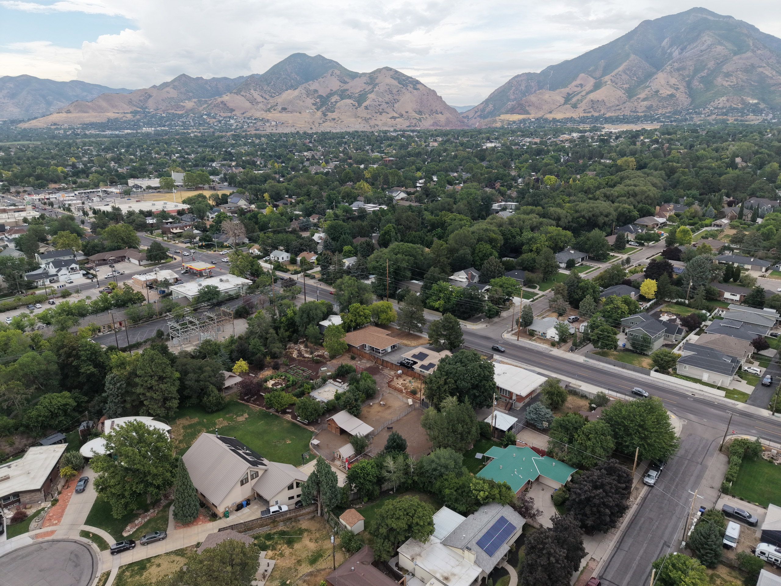 Expansive residential area featuring a diverse mix of homes, mature trees, and mountainous terrain in the background