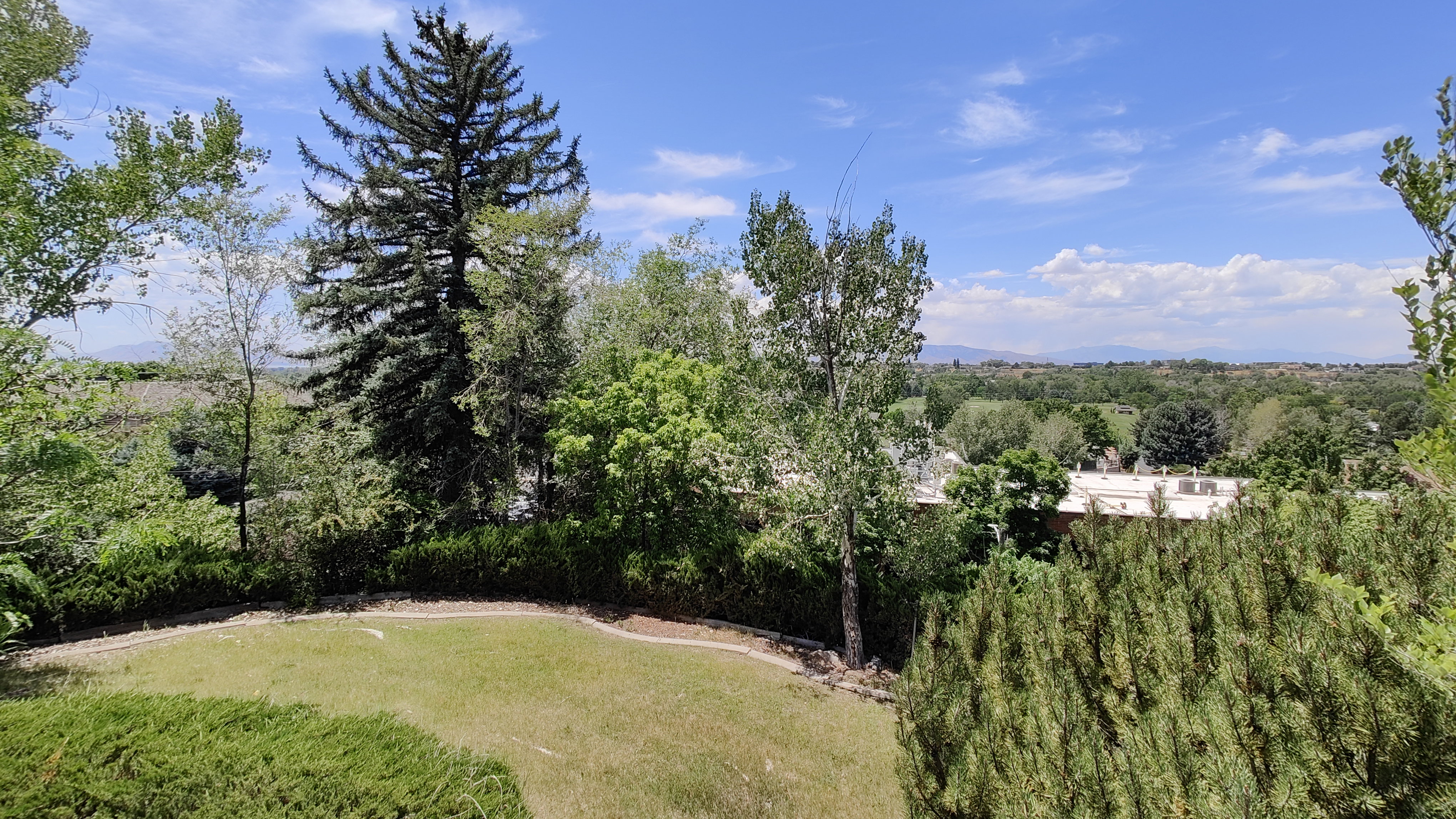 Expansive outdoor space featuring a manicured lawn, established landscaping, and mature trees
