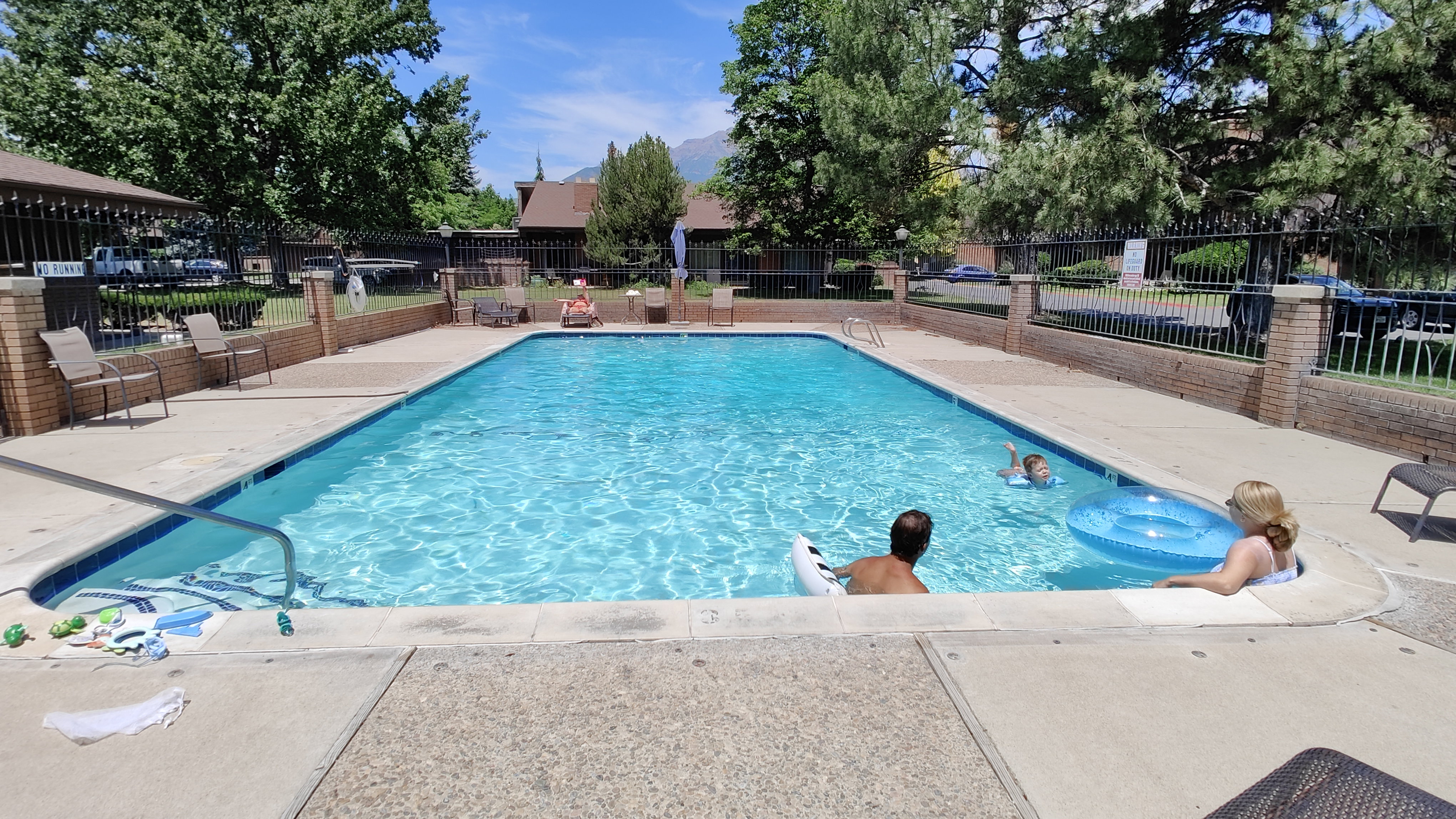 Rectangular outdoor swimming pool featuring concrete decking, perimeter fencing with brick pillars, and mature trees providing shade