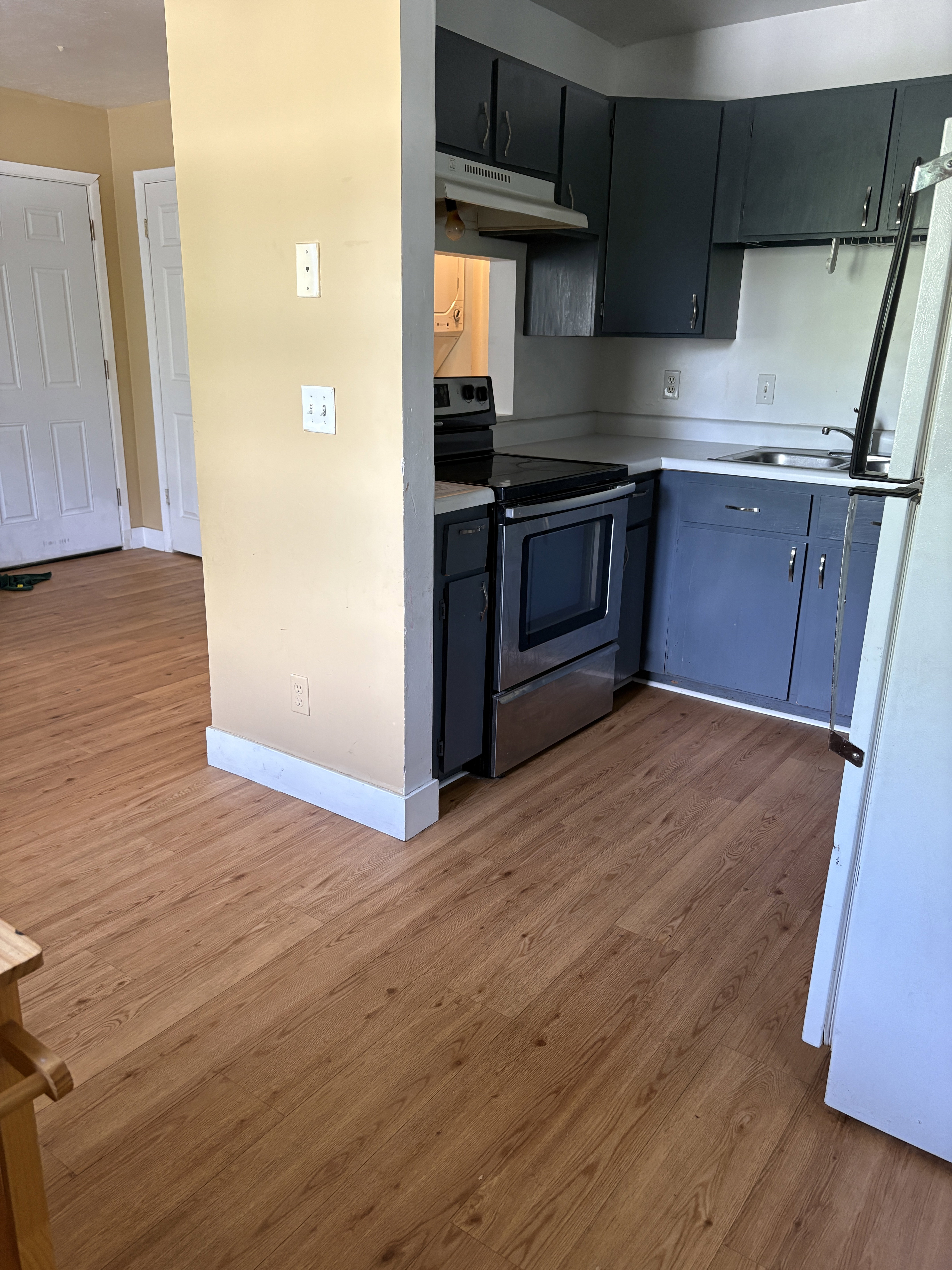Kitchen featuring wood-finish flooring, dark cabinetry, and a stainless steel oven/range